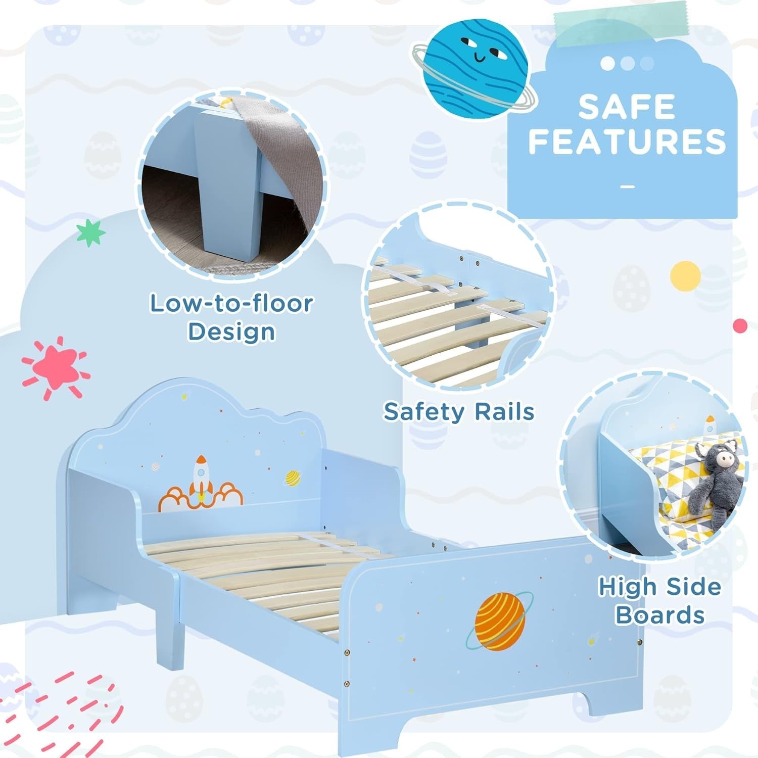Kids Toddler Bed with Safety Rails Wooden Low Frame Boys Girls Bedroom Blue
