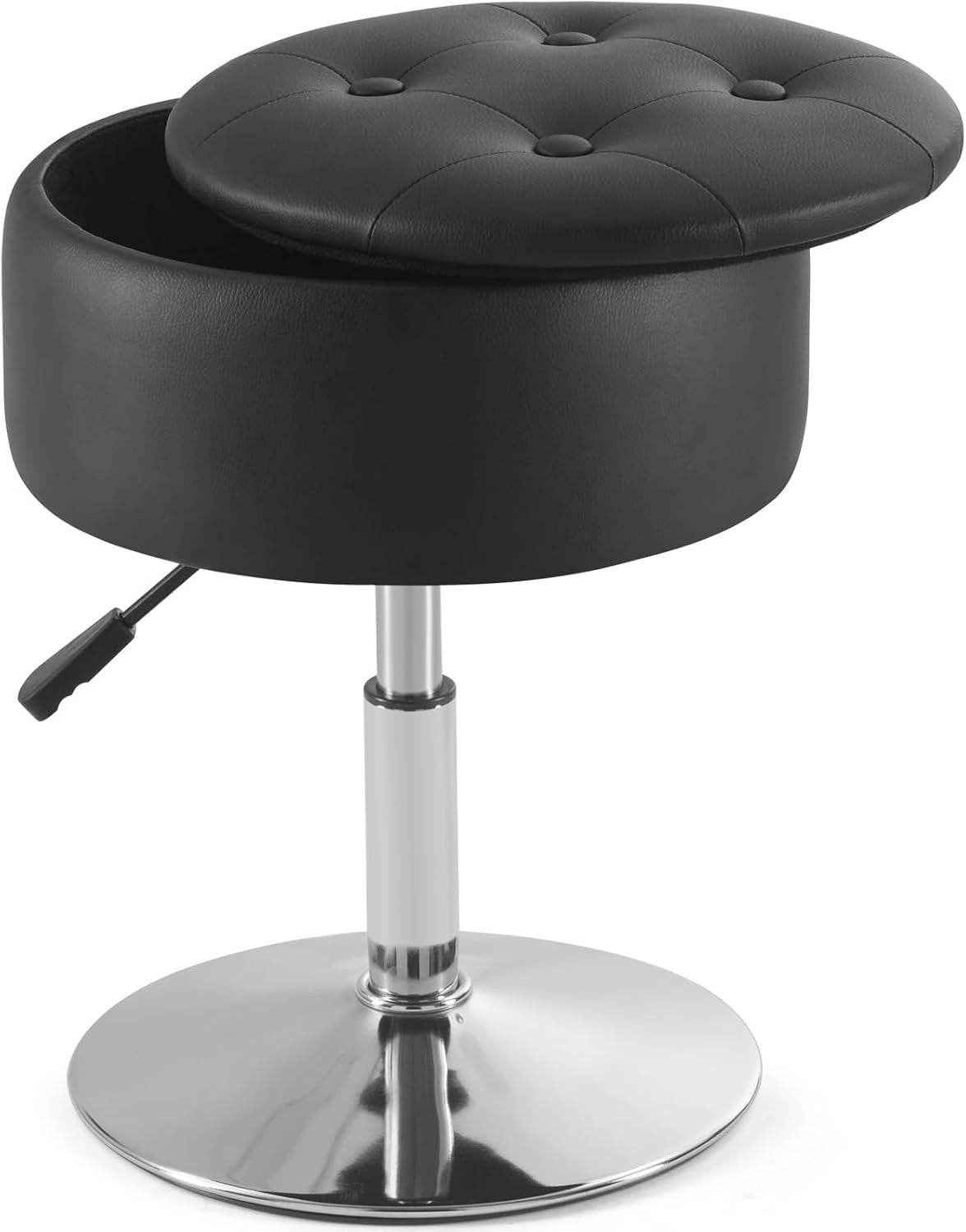 Black PU Leather Adjustable Vanity Chair – Round Swivel Makeup Stool w/ Storage