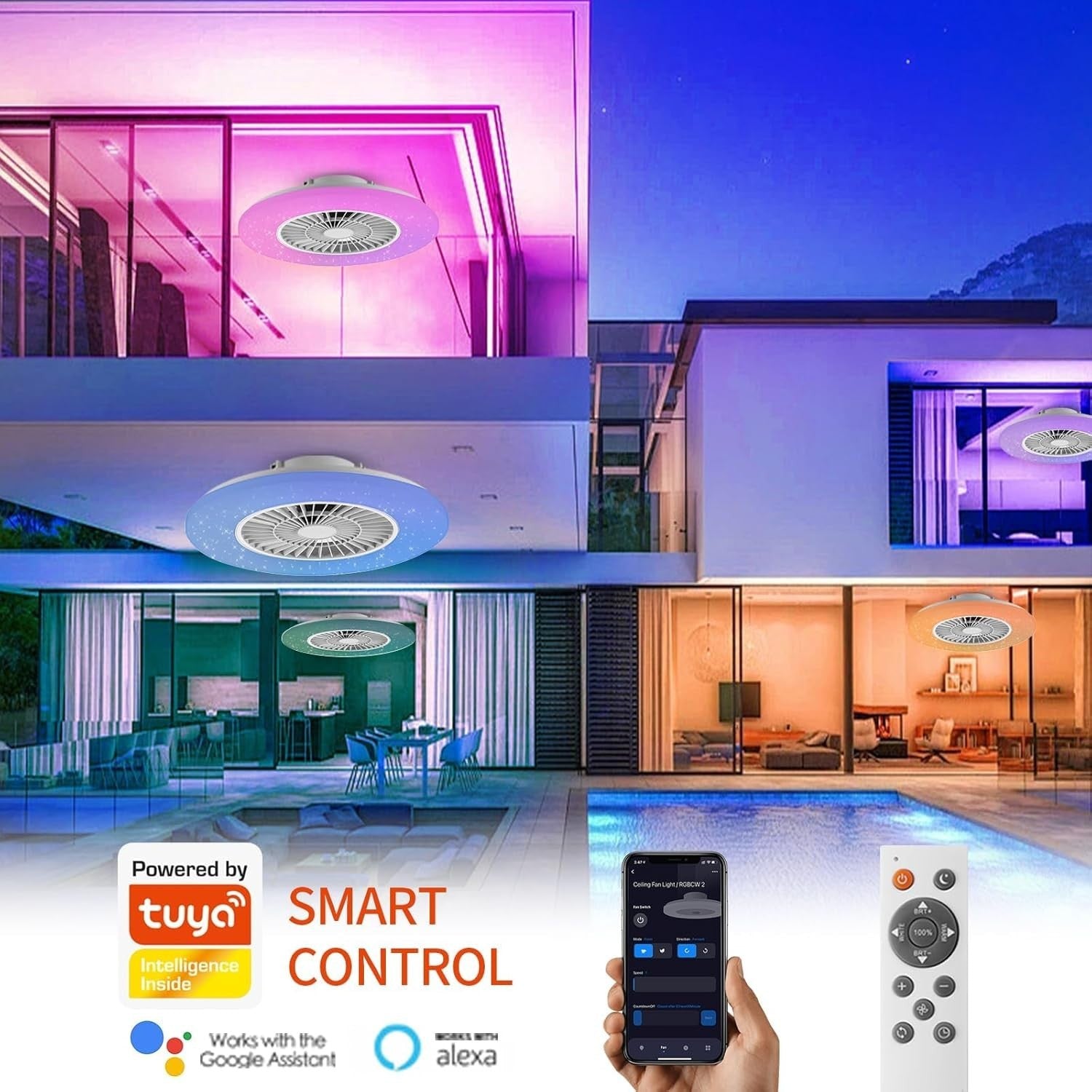 Smart LED Ceiling Fan Light, RGB & Stepless Dimming 3000-5500K, 60CM White