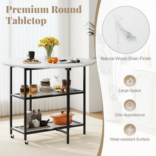Folding Dining Table with Wheels & Storage Shelves Black + White