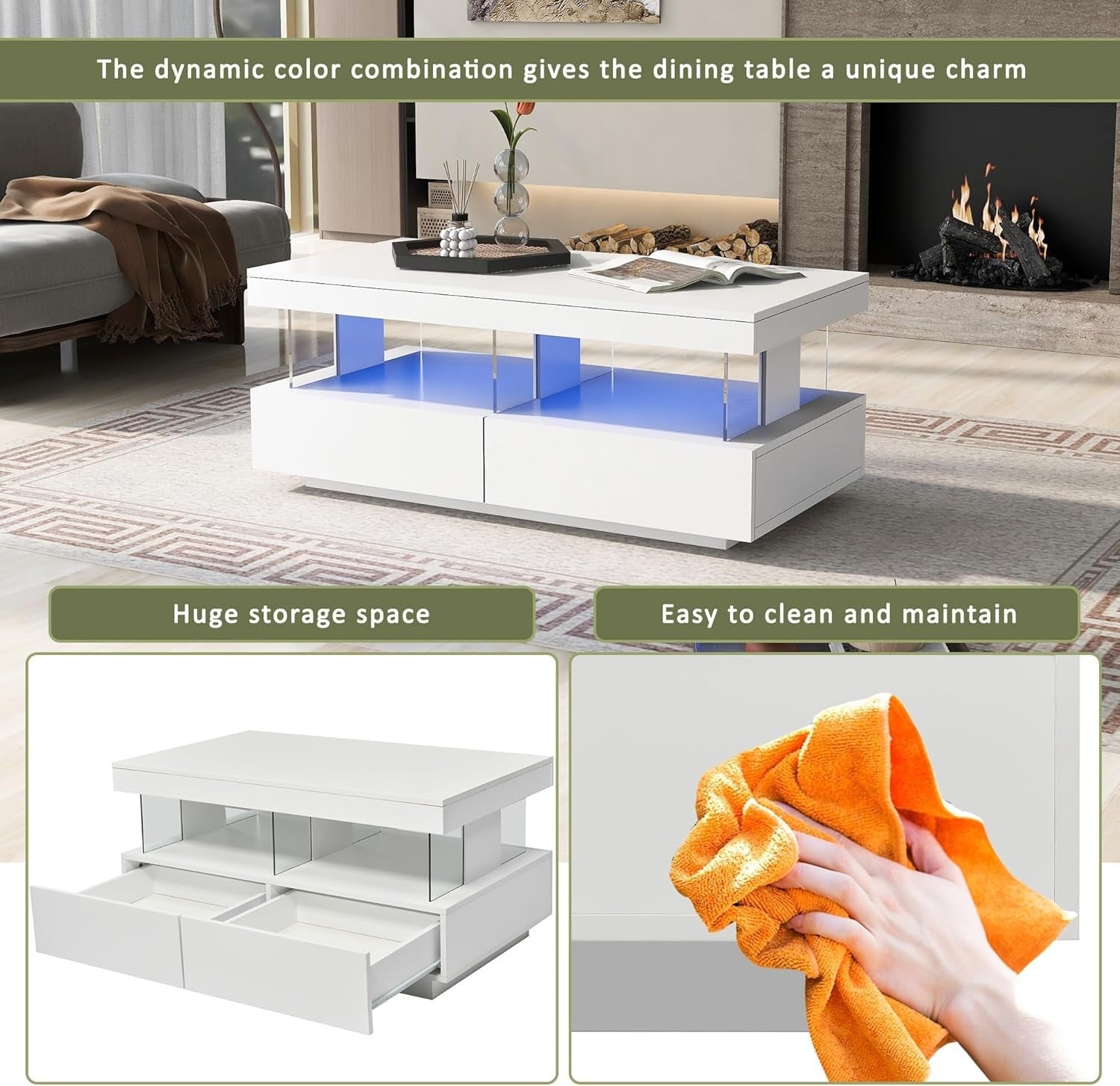 White LED Coffee Table with 2 Drawers & Open Storage, High Gloss 100x60cm