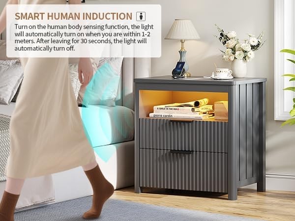 Set of 2 Grey 24" Bedside Tables with Charging Station, LED Light & 3 Drawers