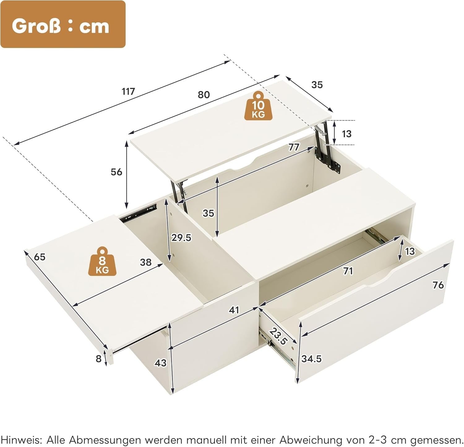 Lift-Top Coffee Table with Storage & Drawer, White 117x65x43cm