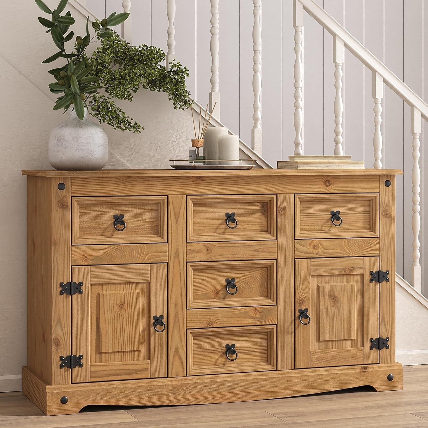 Mexican Solid Pine Sideboard 2 Door 5 Drawer Storage Unit Rustic Wood