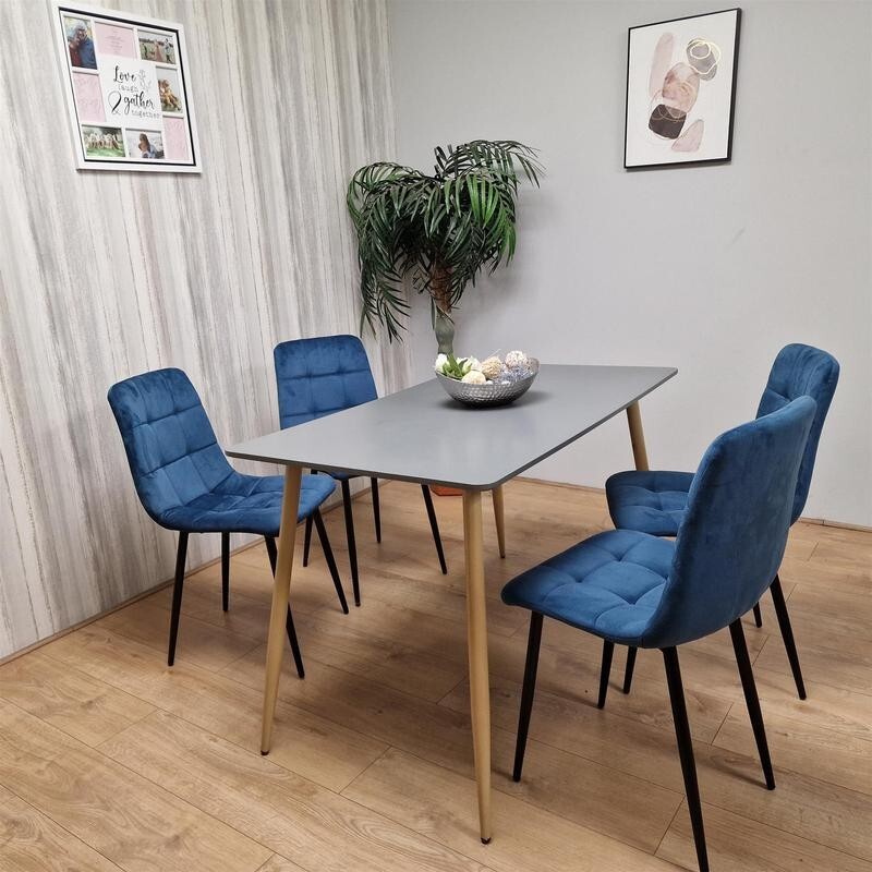 Modern Grey Dining Table Set with 4 Blue Velvet Chairs for Kitchen Home