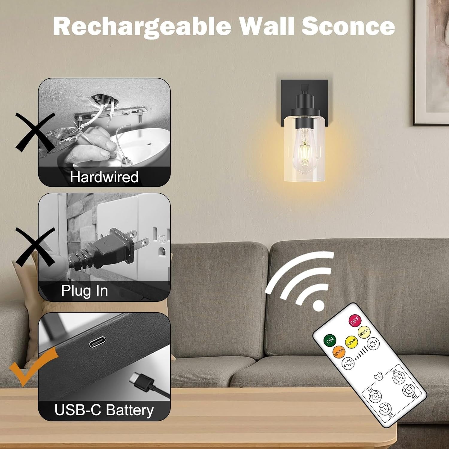 Wireless Rechargeable Wall Sconce Lights 2-Pack, Dimmable with Remote