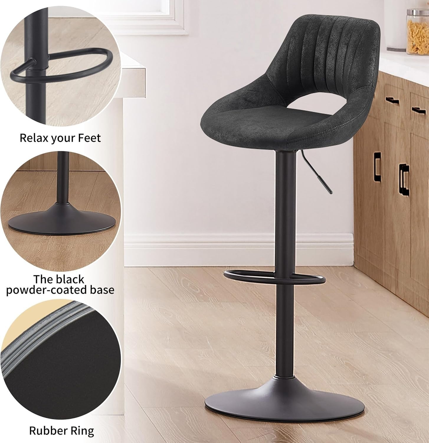 Black Bar Stools Set of 2 | Memory Foam Seat, Adjustable Swivel, Round