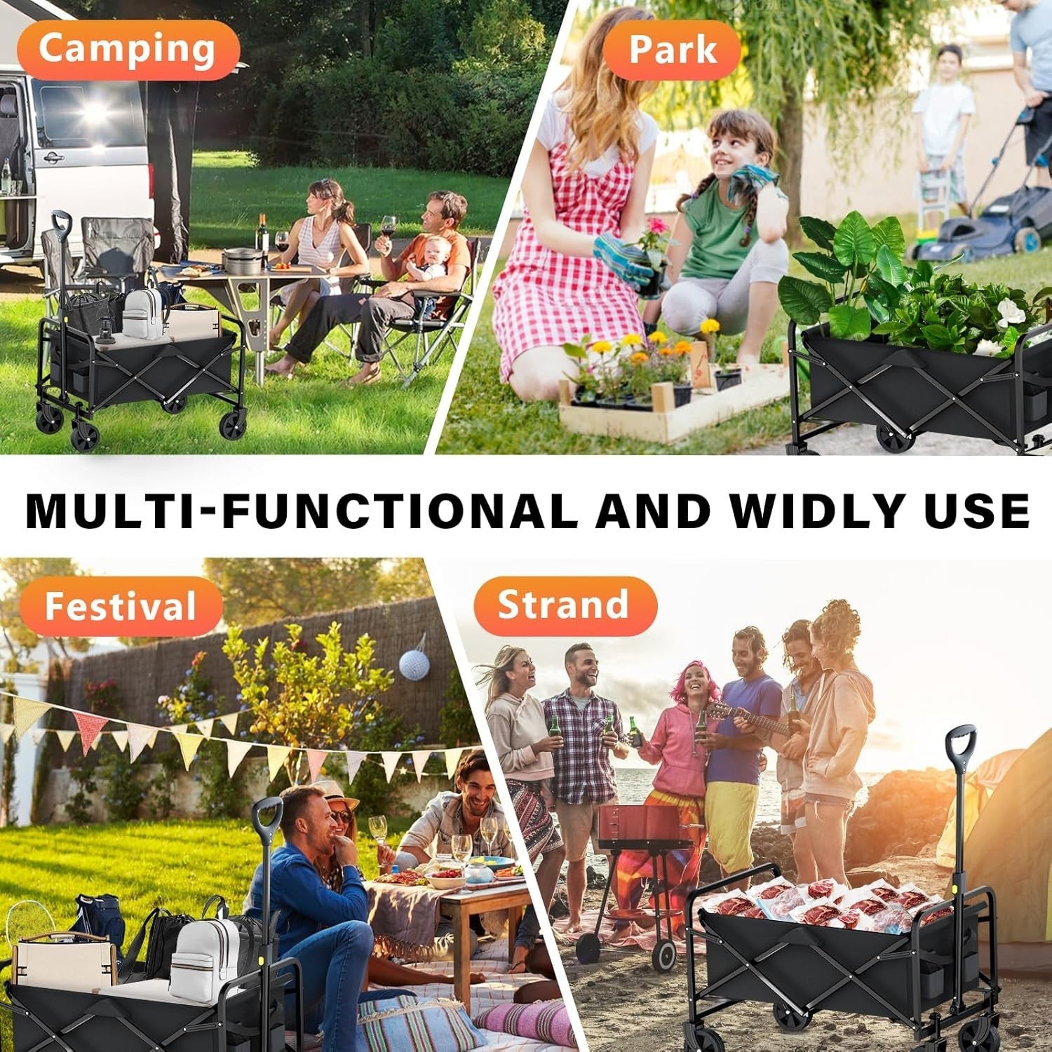 Heavy Duty 225L Foldable Festival Trolley Push Pull Cart w/ Brakes & Wide Wheels