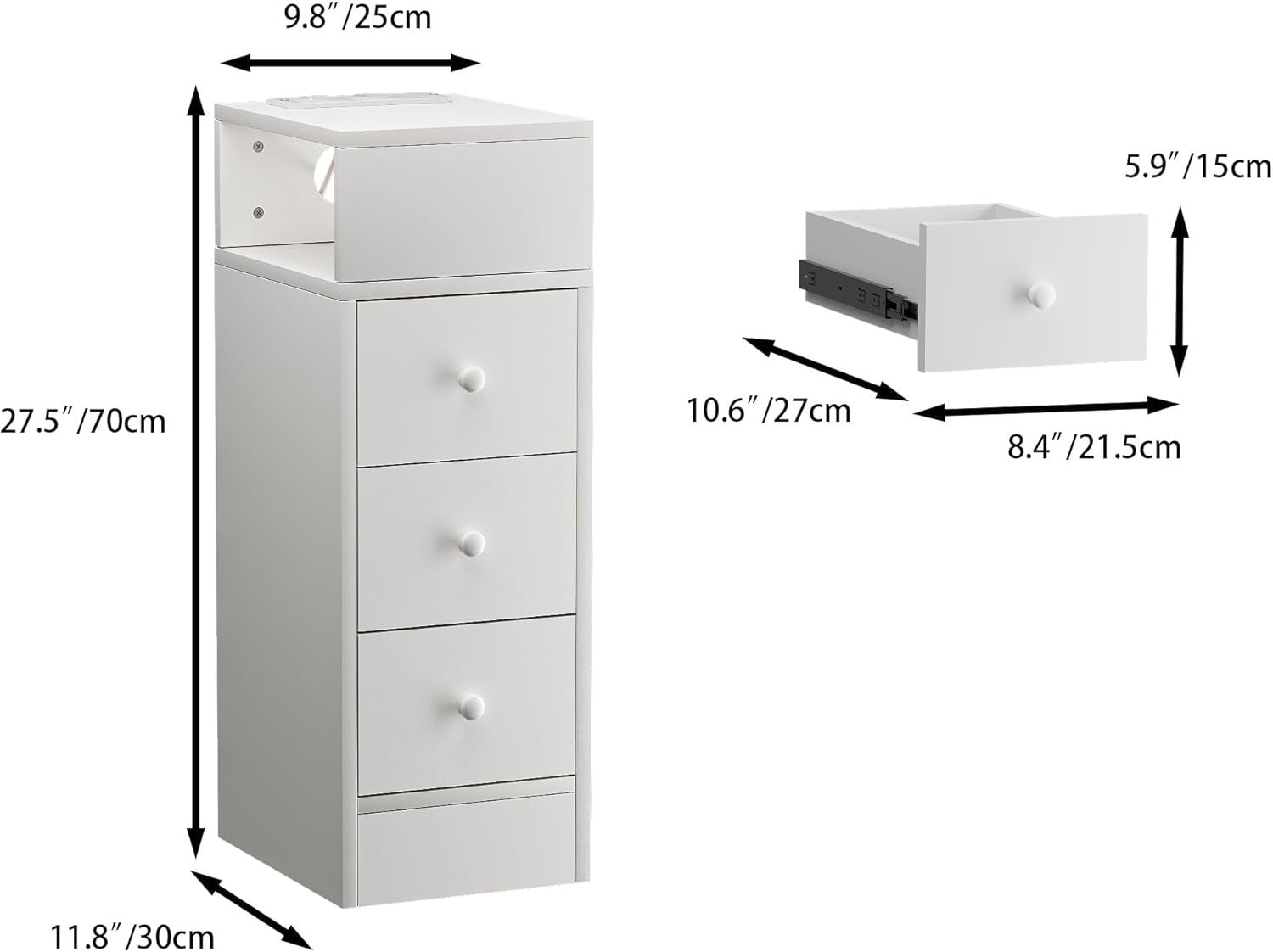 Slim White 3 Drawer Bedside Table with Charging Station | Modern Bedroom Storage