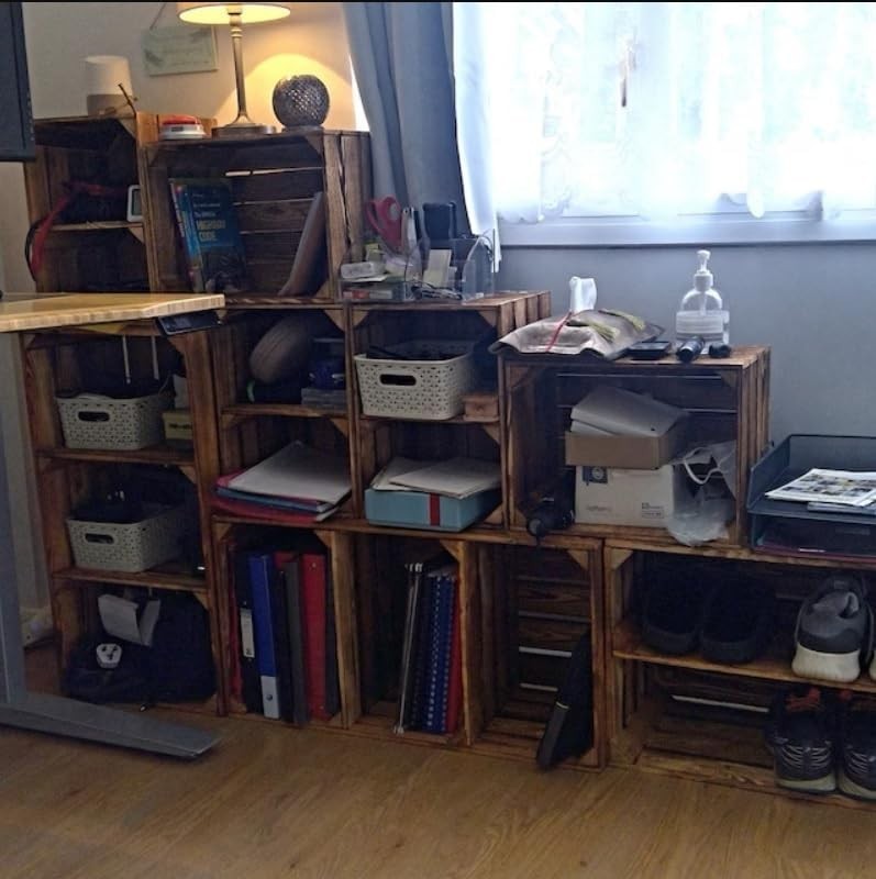 2 x Burnt Effect Wooden Crate with 2-Tier Shelf 40x30x75cm Rustic