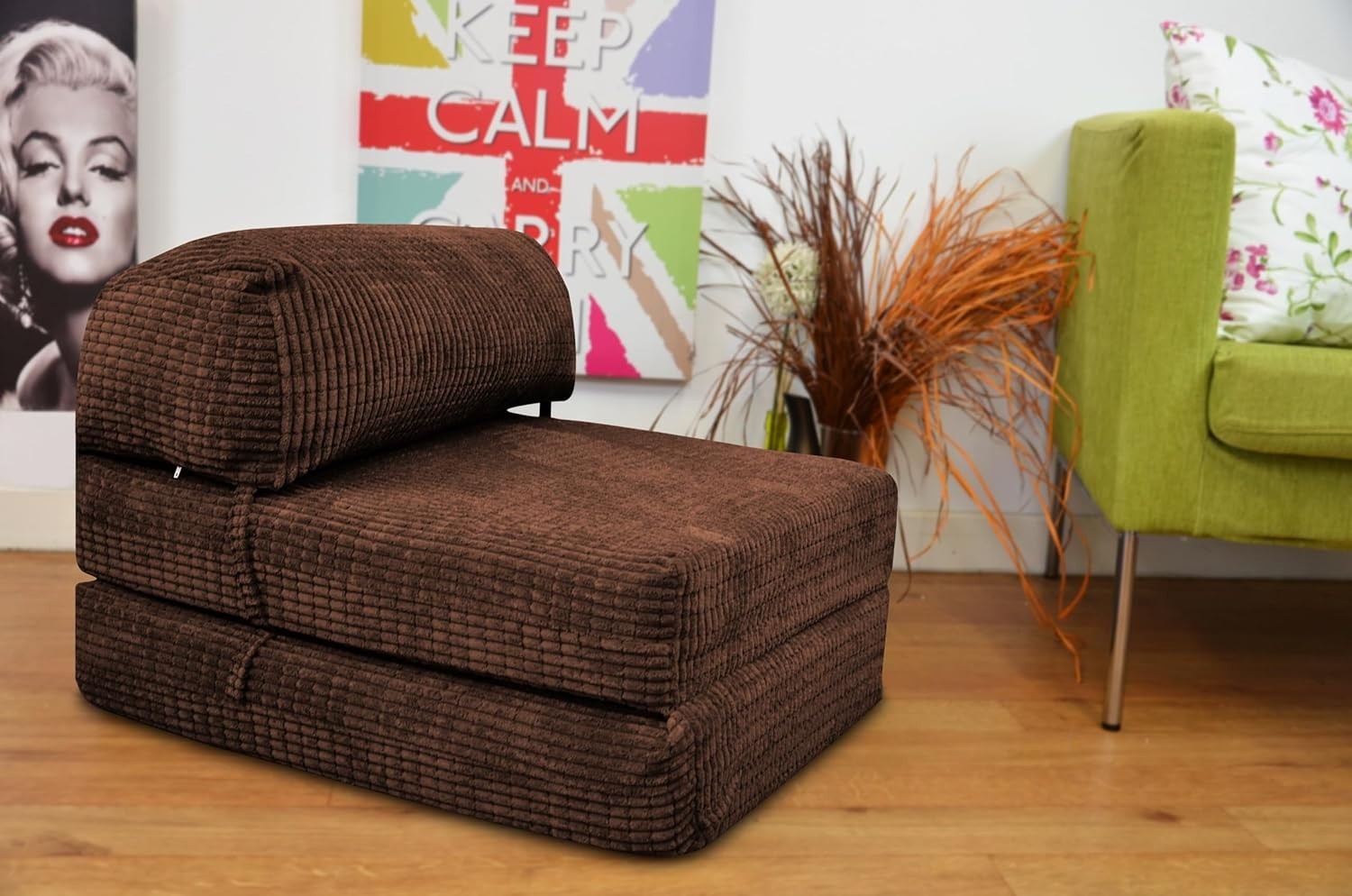 Brown Fold Out Futon Chair Bed Single Sofa Corduroy Foam Guest Mattress