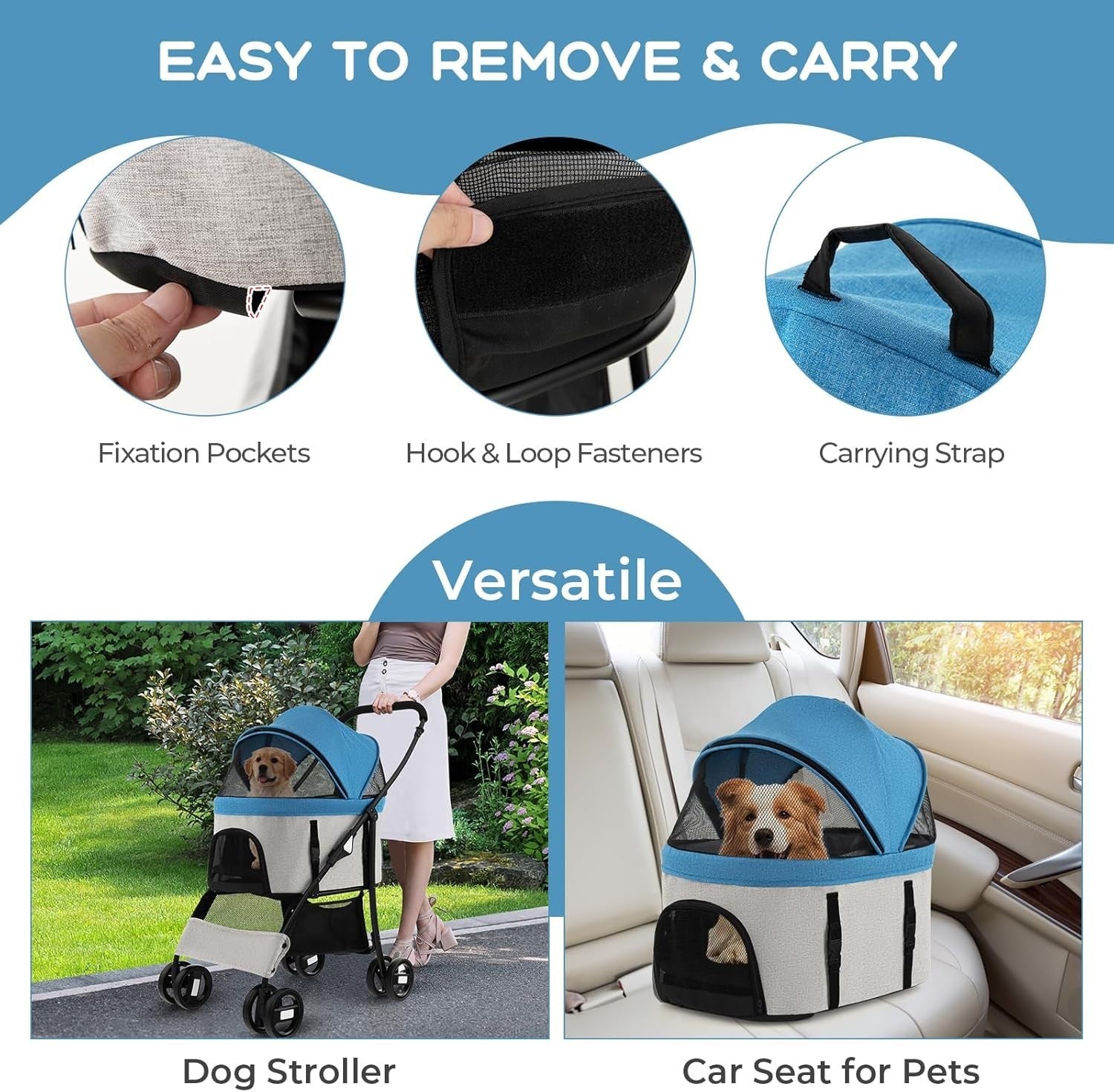 3in1 Pet Stroller Dog Pushchair Detachable Carrier Foldable Blue Grey