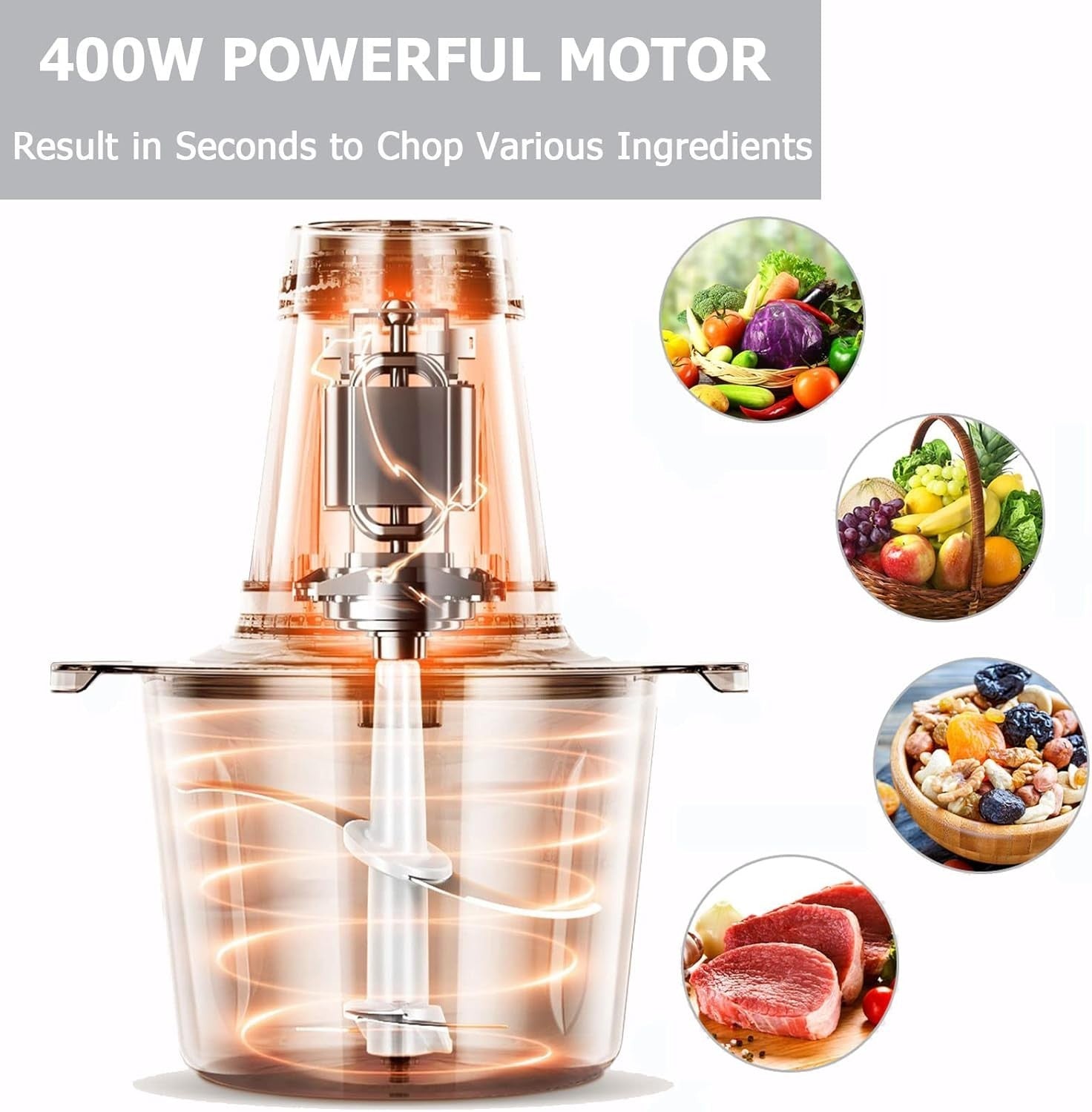 Electric Food Chopper 400W 1.2L Steel Bowl Mini Meat Onion Grinder
