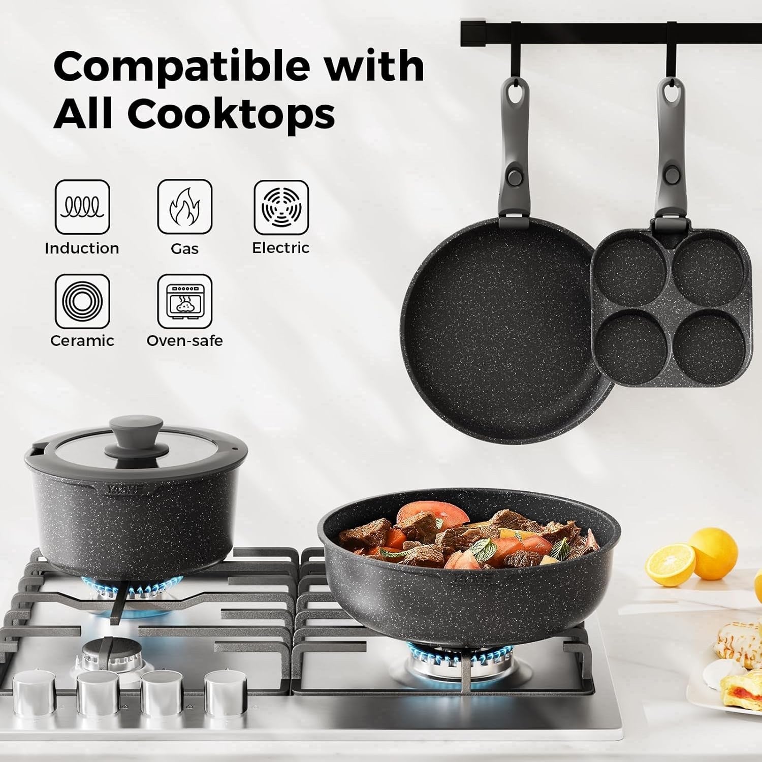 20Pcs Grey Granite Non-Stick Cookware Set with Removable Handles & Glass Lids