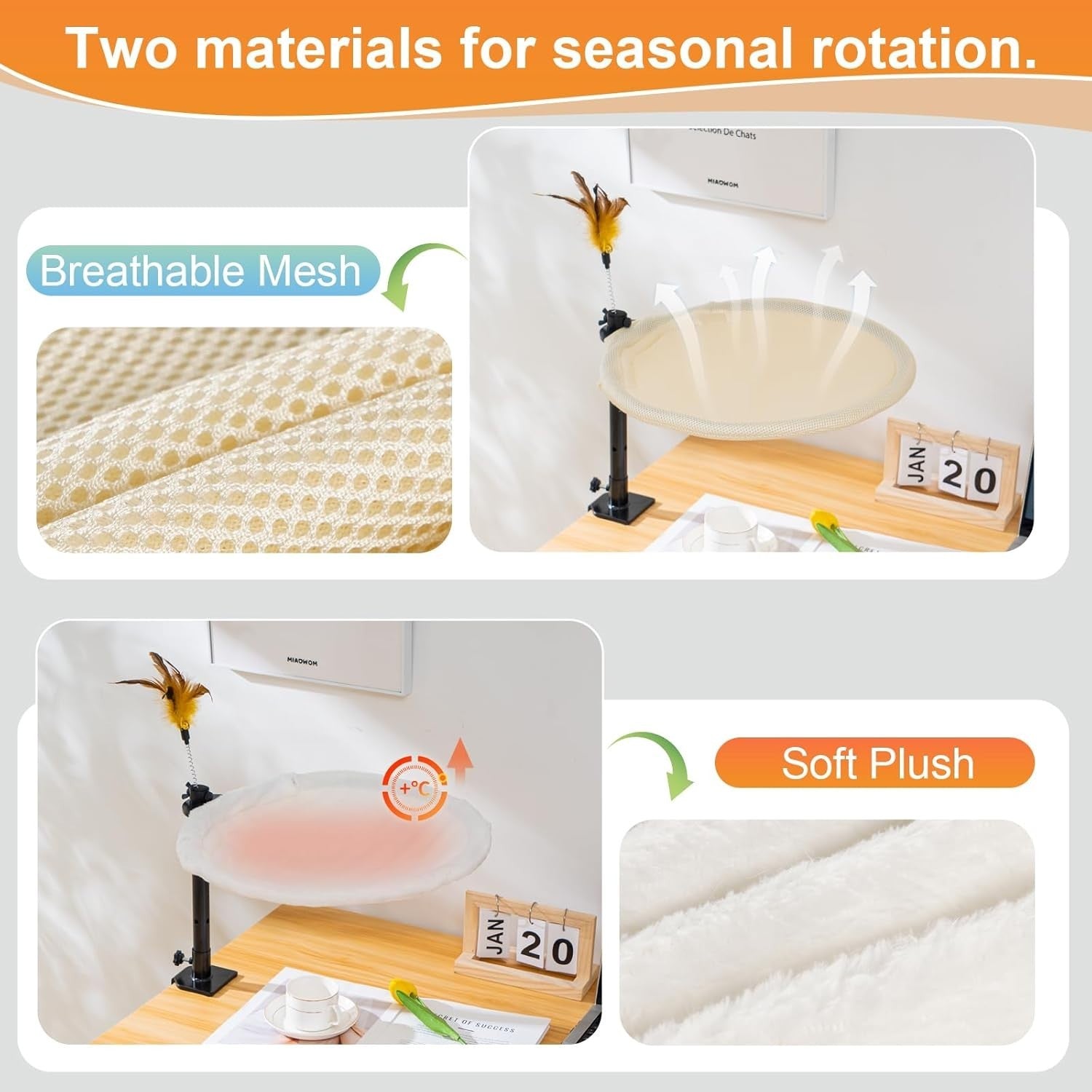 Double Layer Cat Desk Bed 360° Rotating Perch Adjustable w Washable Covers