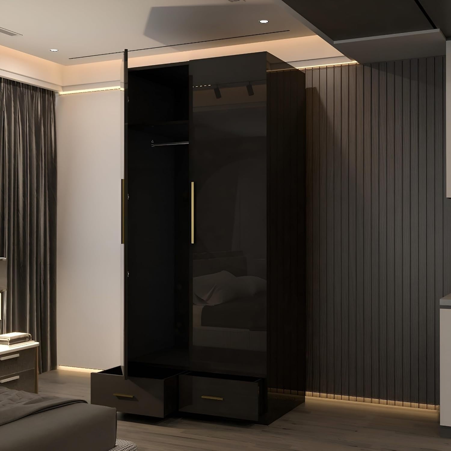 90cm High Gloss Mirrored Wardrobe with Shelves, Drawers & Hanging Rail