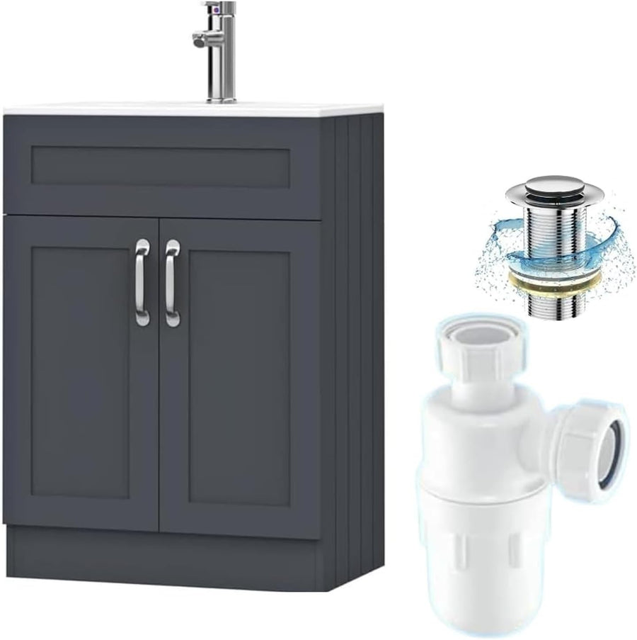 600mm Grey Bathroom Vanity Unit with Basin Storage Cupboard Floor Standing Sink