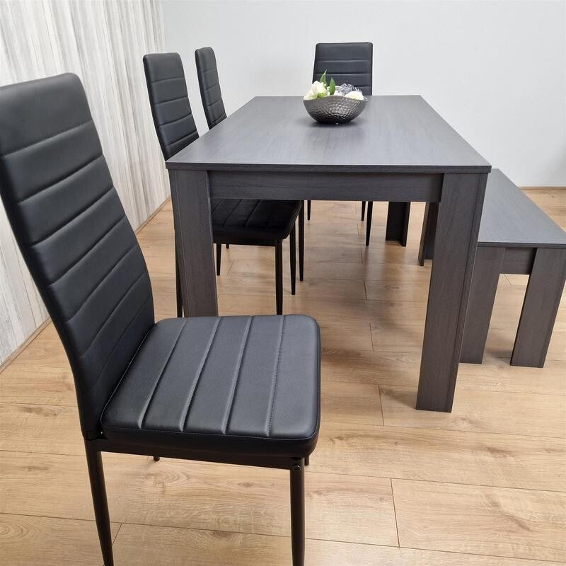 6 Seater Dark Grey Dining Table Set with 4 Chairs & Bench Faux Leather
