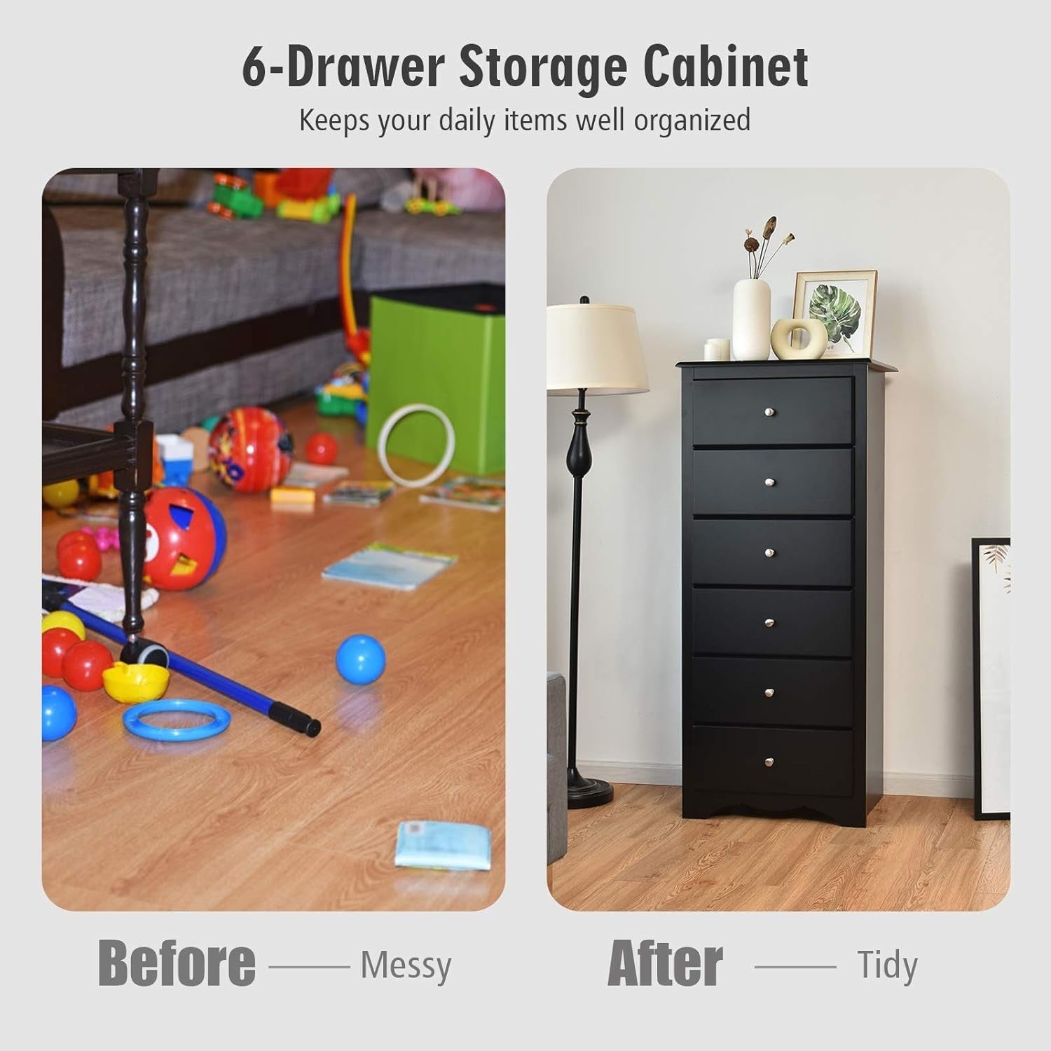 6-Drawer Tall Wooden Dresser Cabinet for Bedroom, Hallway & Living Room