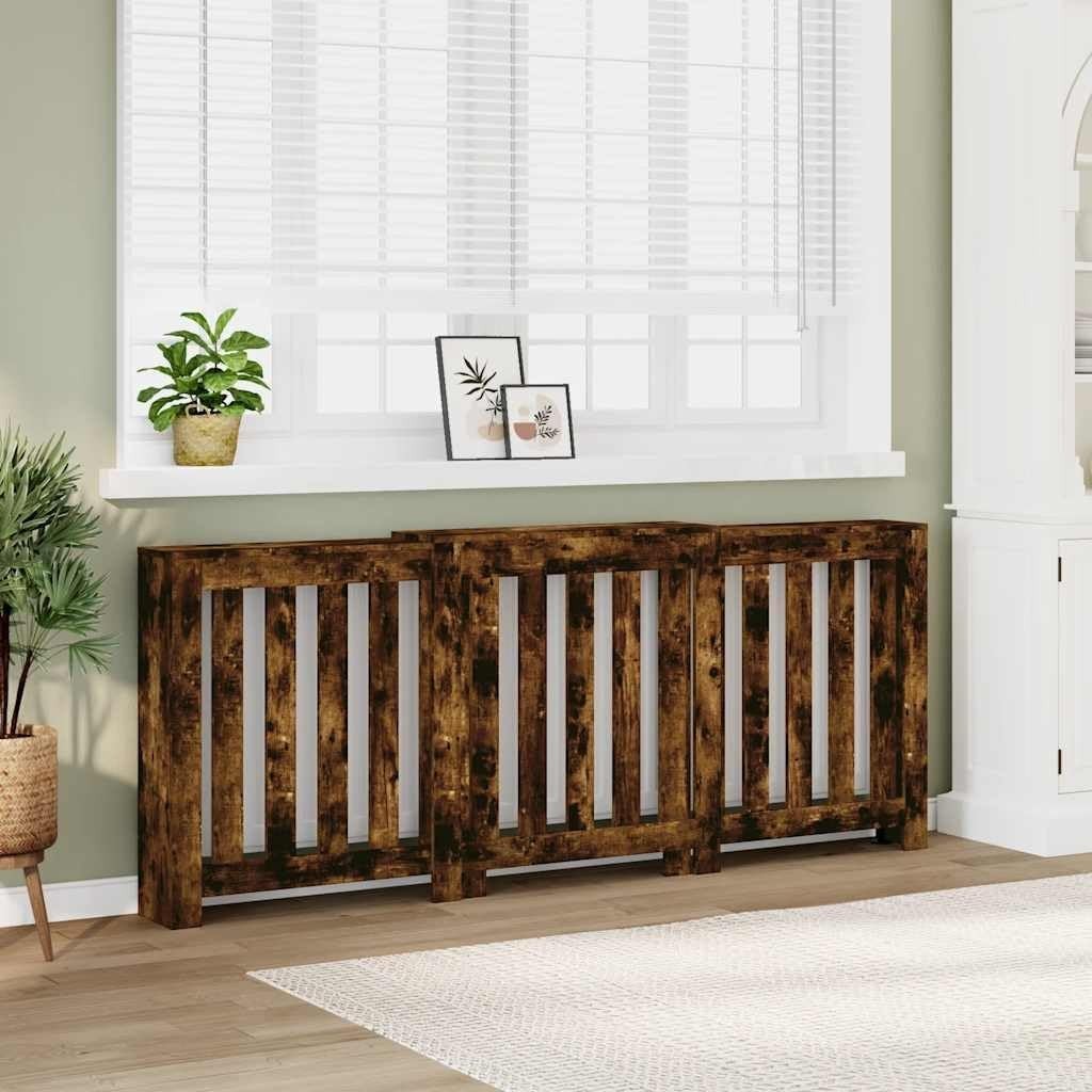 Smoked Oak Radiator Cover Cabinet | Modern Slatted MDF Heater Shelf