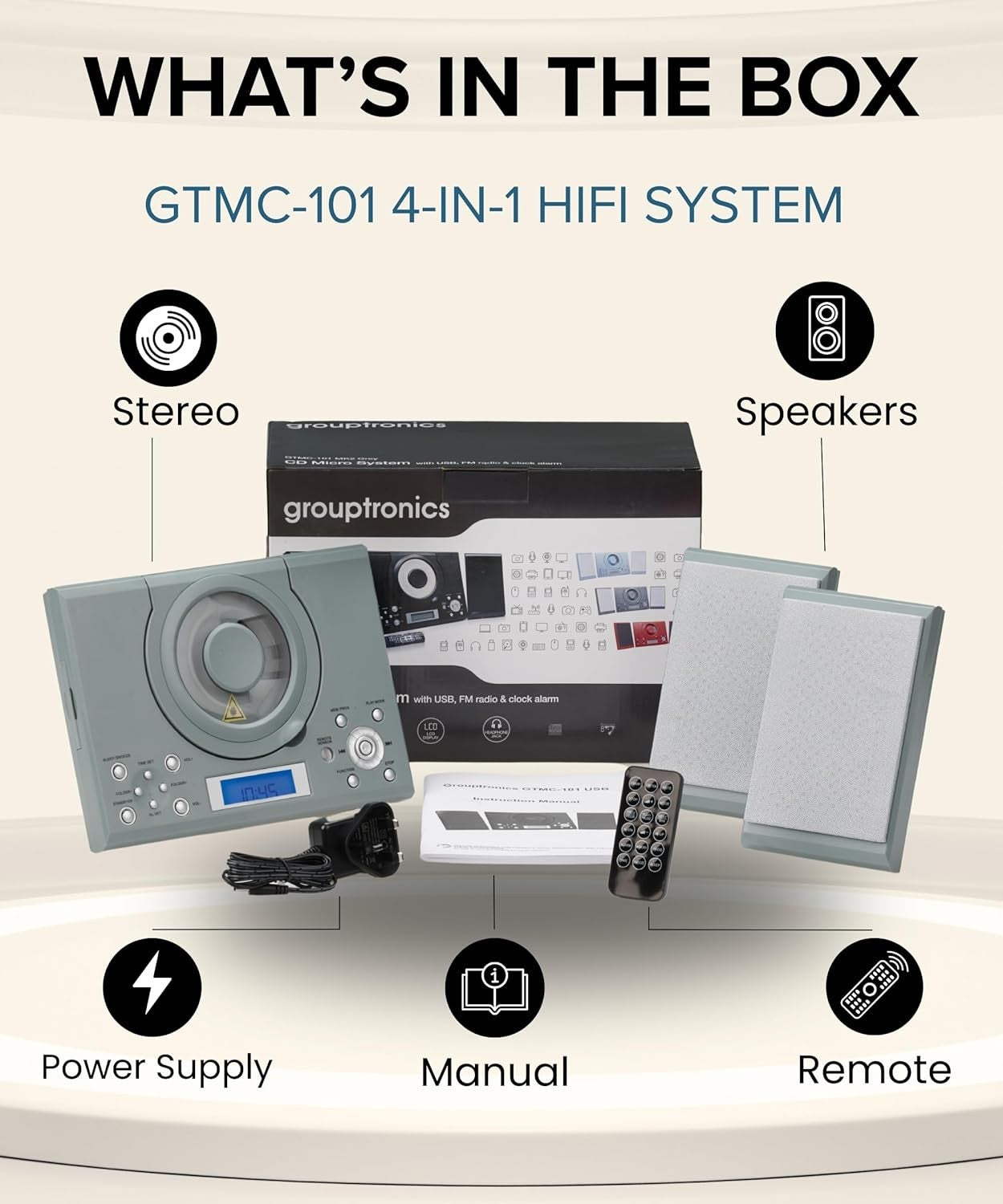 Wall Mount CD Player Stereo System USB MP3 FM Radio Alarm Remote Control Grey