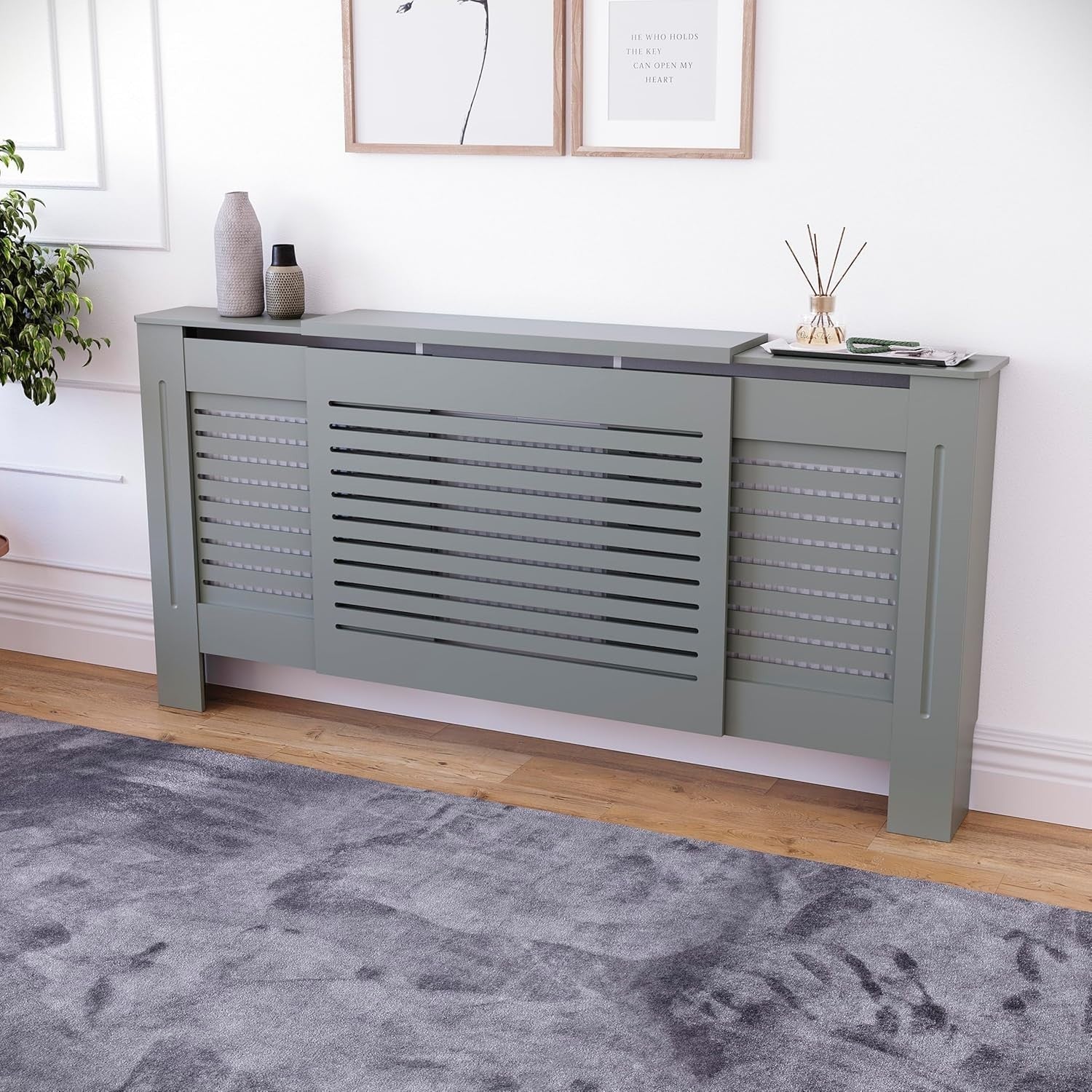 Adjustable Olive Grey Radiator Cover MDF Cabinet 195x80x16cm Modern Design