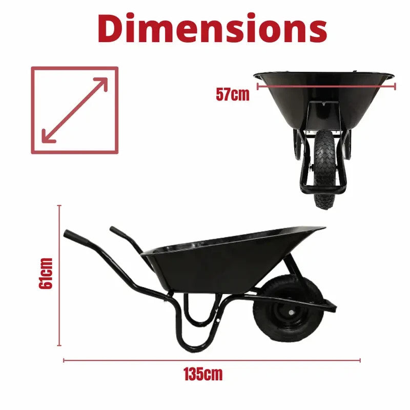 90L Heavy Duty Metal Garden Wheelbarrow Black | 150kg | Pneumatic Tyre
