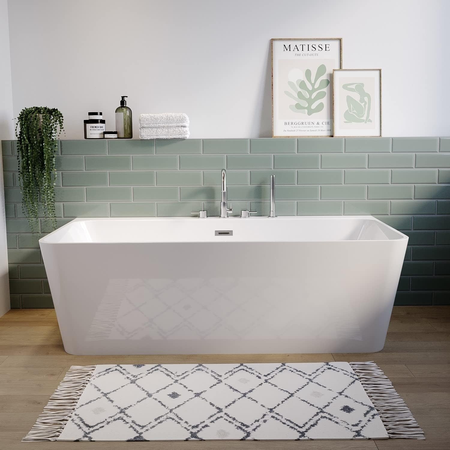 Freestanding Double Ended Square Back-to-Wall Bath White Modern Slimline