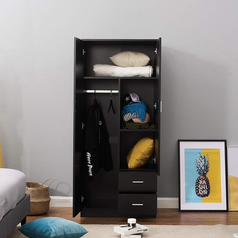 Modern Black 2 Door Wardrobe with 2 Drawers & Hanging Space Bedroom Storage