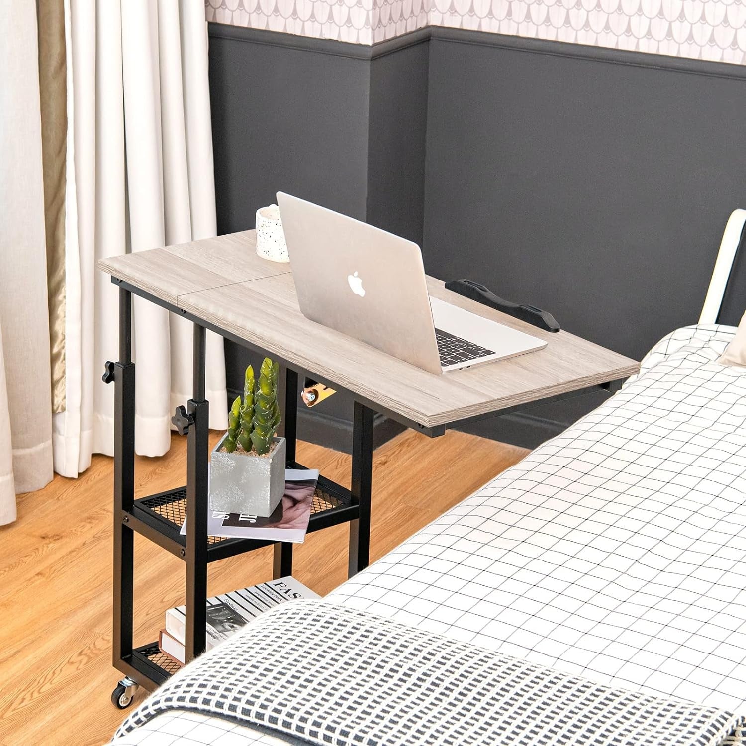 Natural Wood Overbed Table with Wheels Adjustable Sofa Side Laptop Desk
