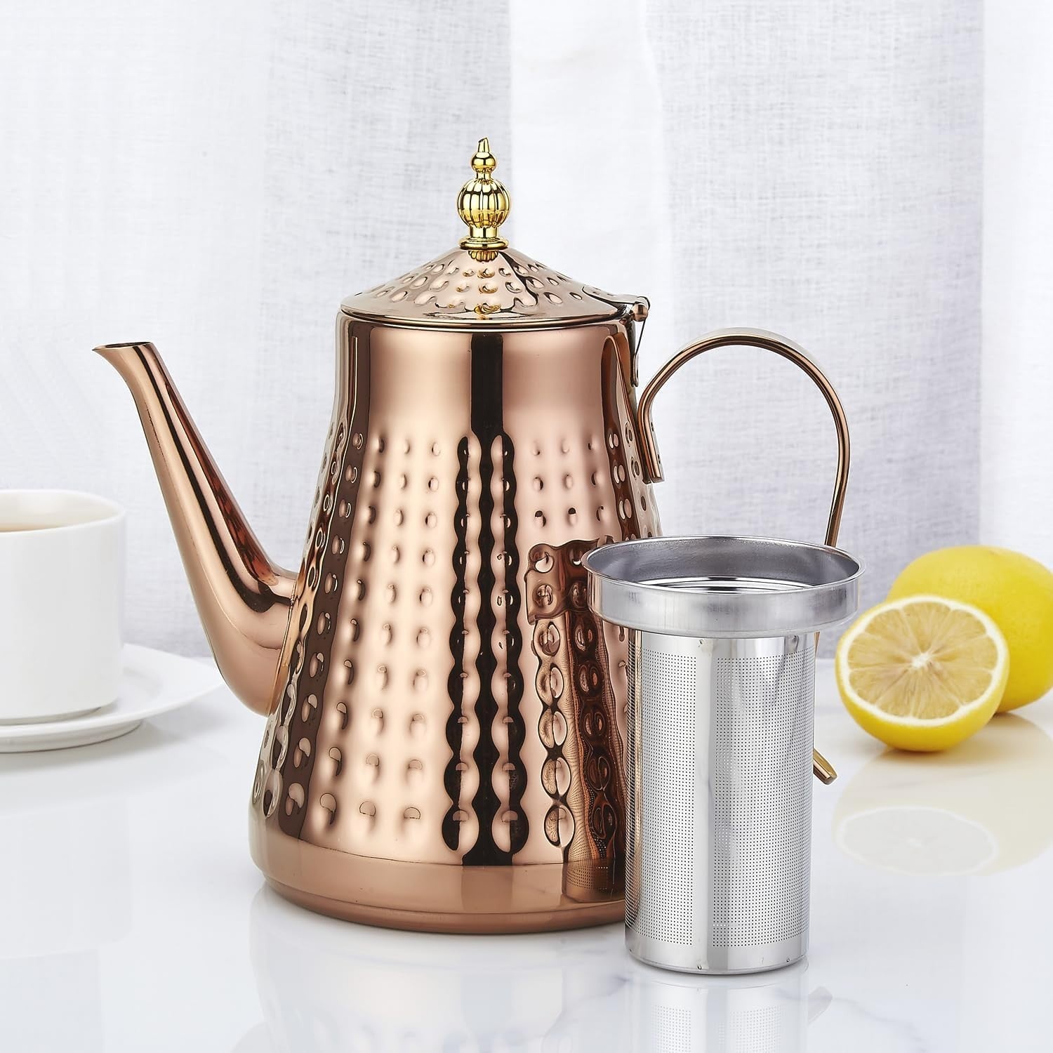 Copper Stainless Steel Teapot 60oz 1.8L w/ Infuser Hammered Finish