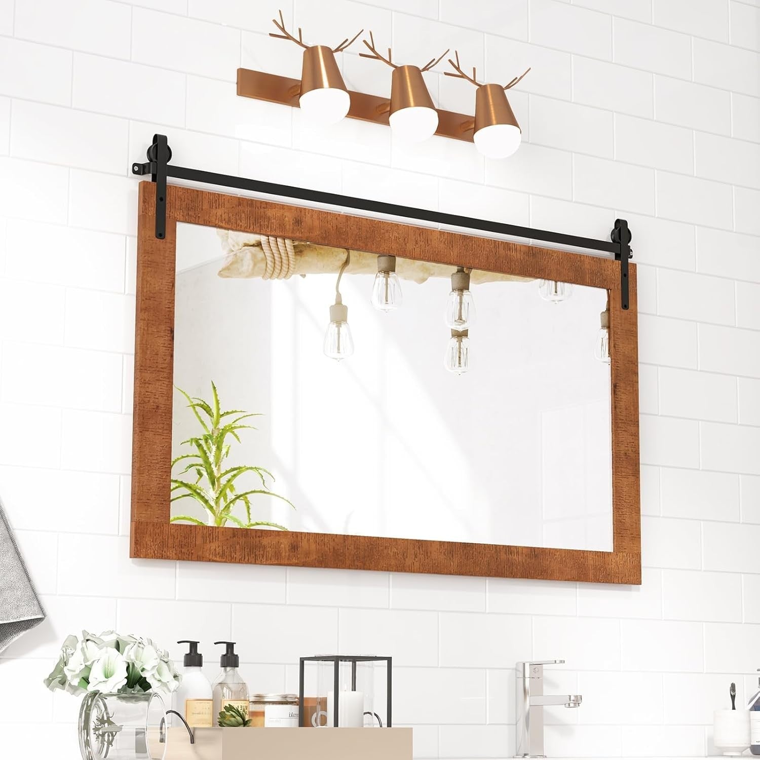 Rustic Barn Door Wall Mirror 101x66cm Wood Frame Farmhouse Vanity Decor