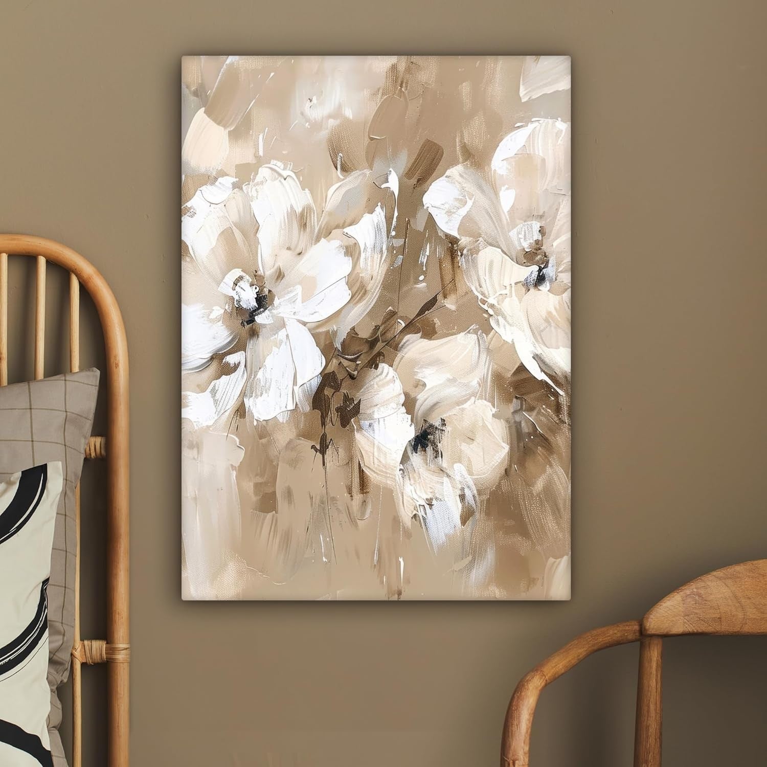 Beige Floral Canvas Wall Art 50x70cm Framed Watercolour Decor