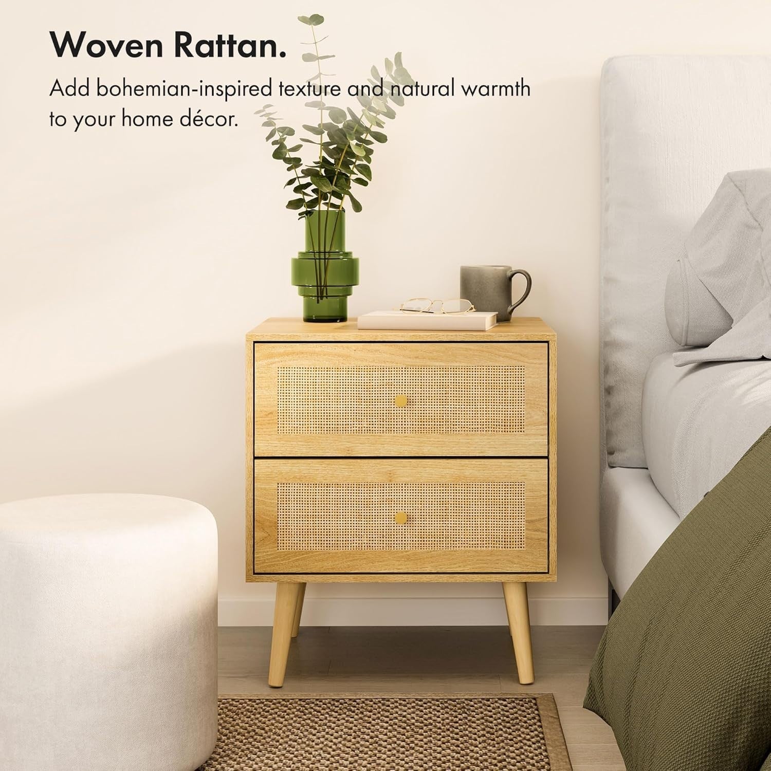 Scandi Rattan Bedside Table with 2 Drawers – Natural Wood Boho Nightstand