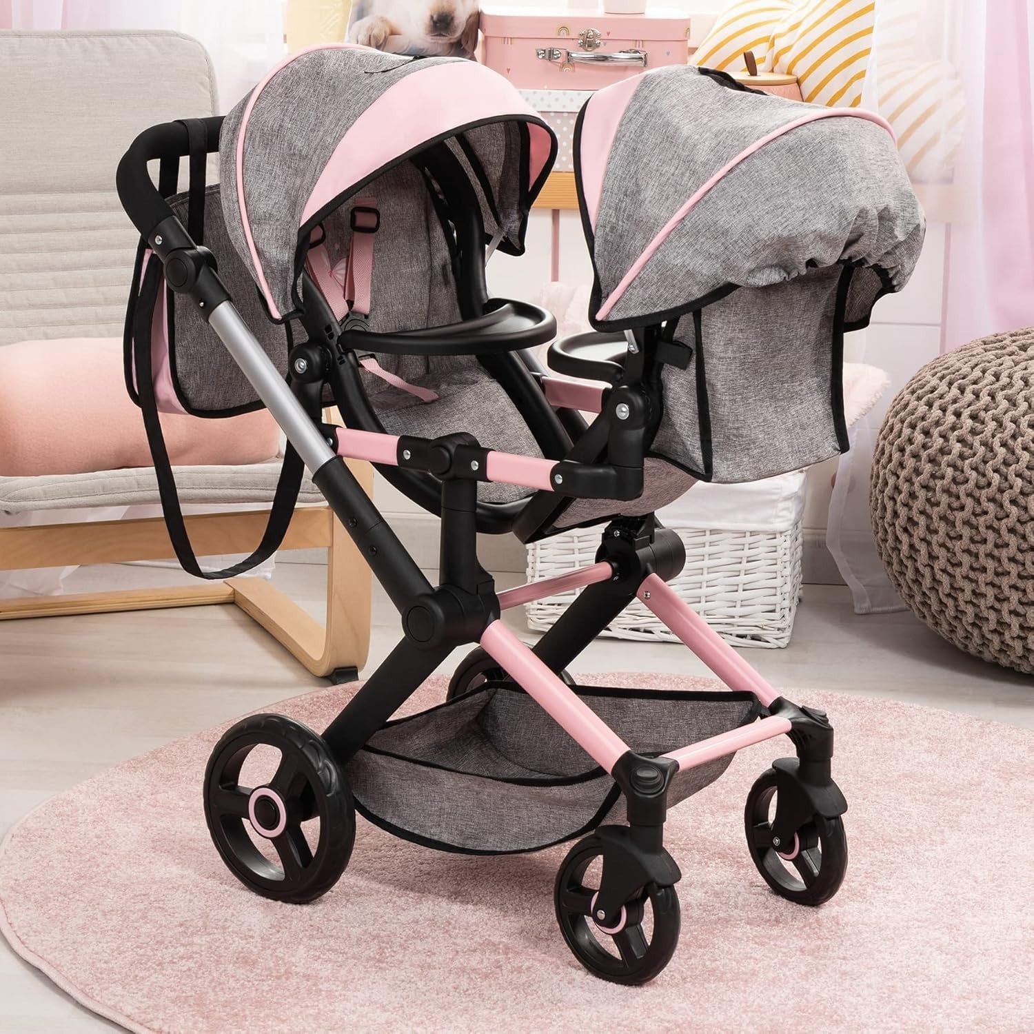 Double Dolls Pram Twin Pushchair Adjustable Handle Reversible Seats