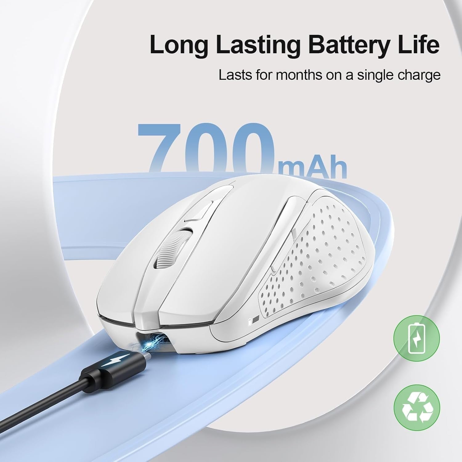 White Rechargeable Wireless Mouse 4800DPI Silent Click Ergonomic USB PC