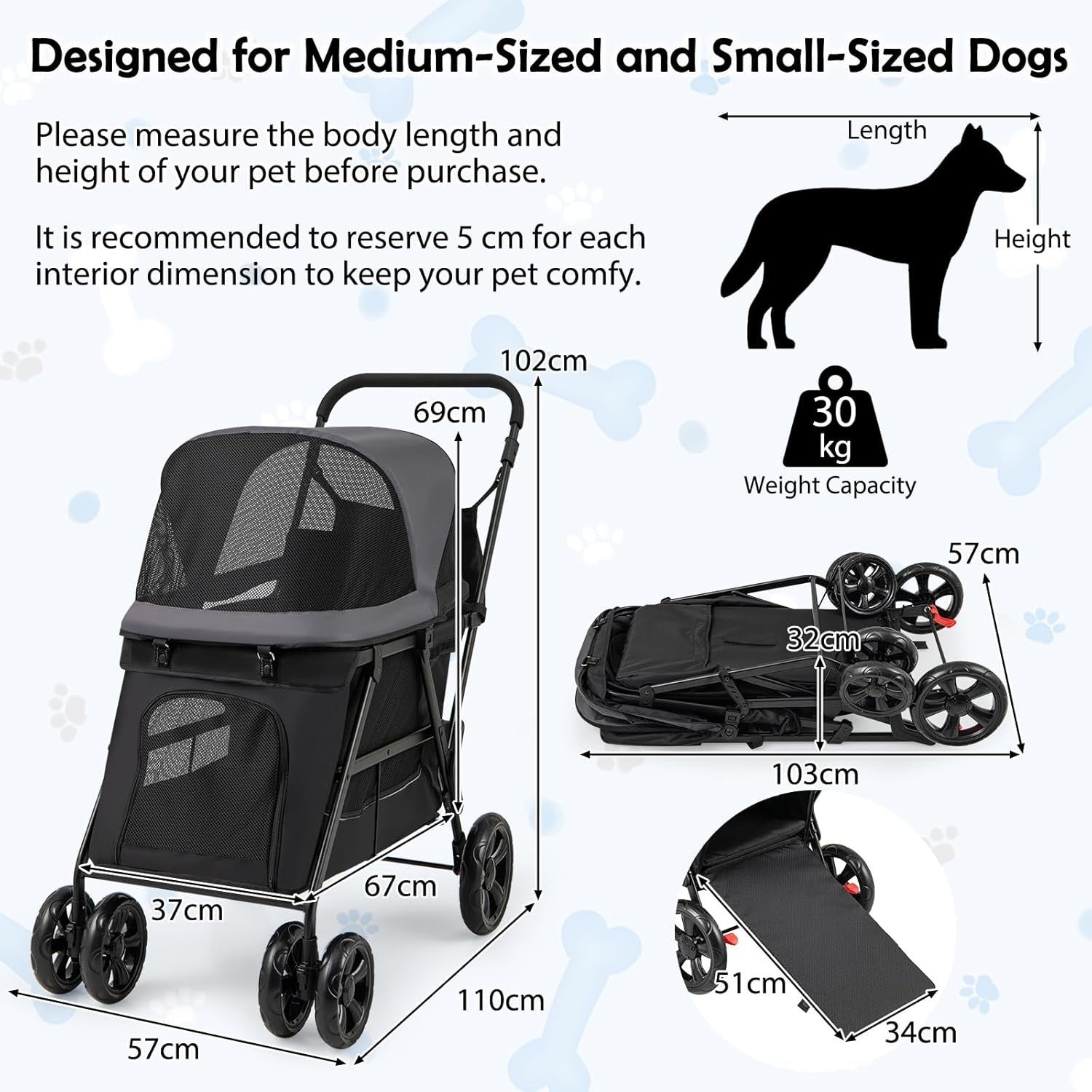 Pet Stroller Dog Buggy Foldable Pushchair Ramp Canopy Small Medium