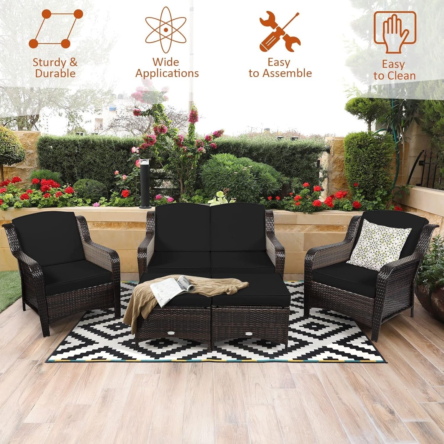 5-Piece Outdoor Patio Rattan Sofa Set - Weatherproof Garden Conversation