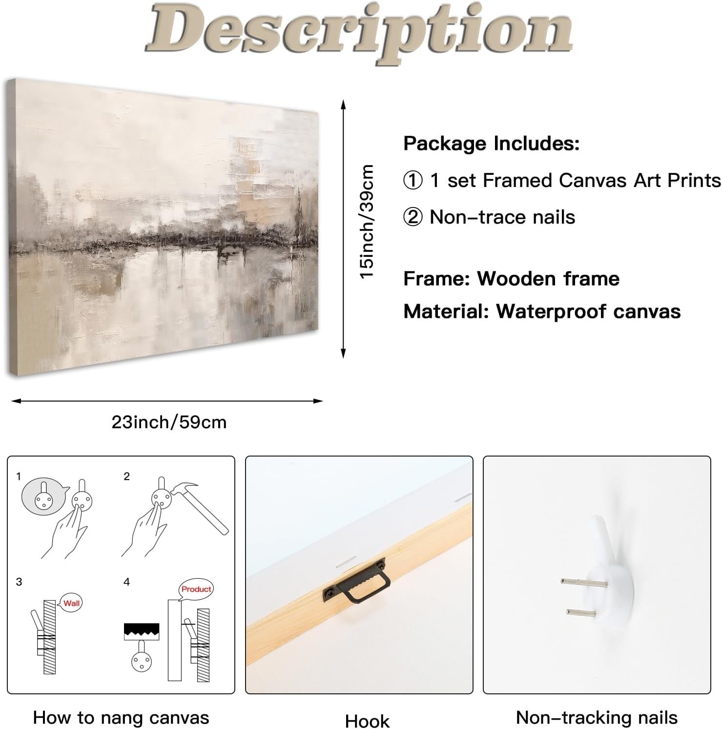 Beige Abstract Canvas Wall Art Framed Minimalist Modern Home Decor 59x39cm
