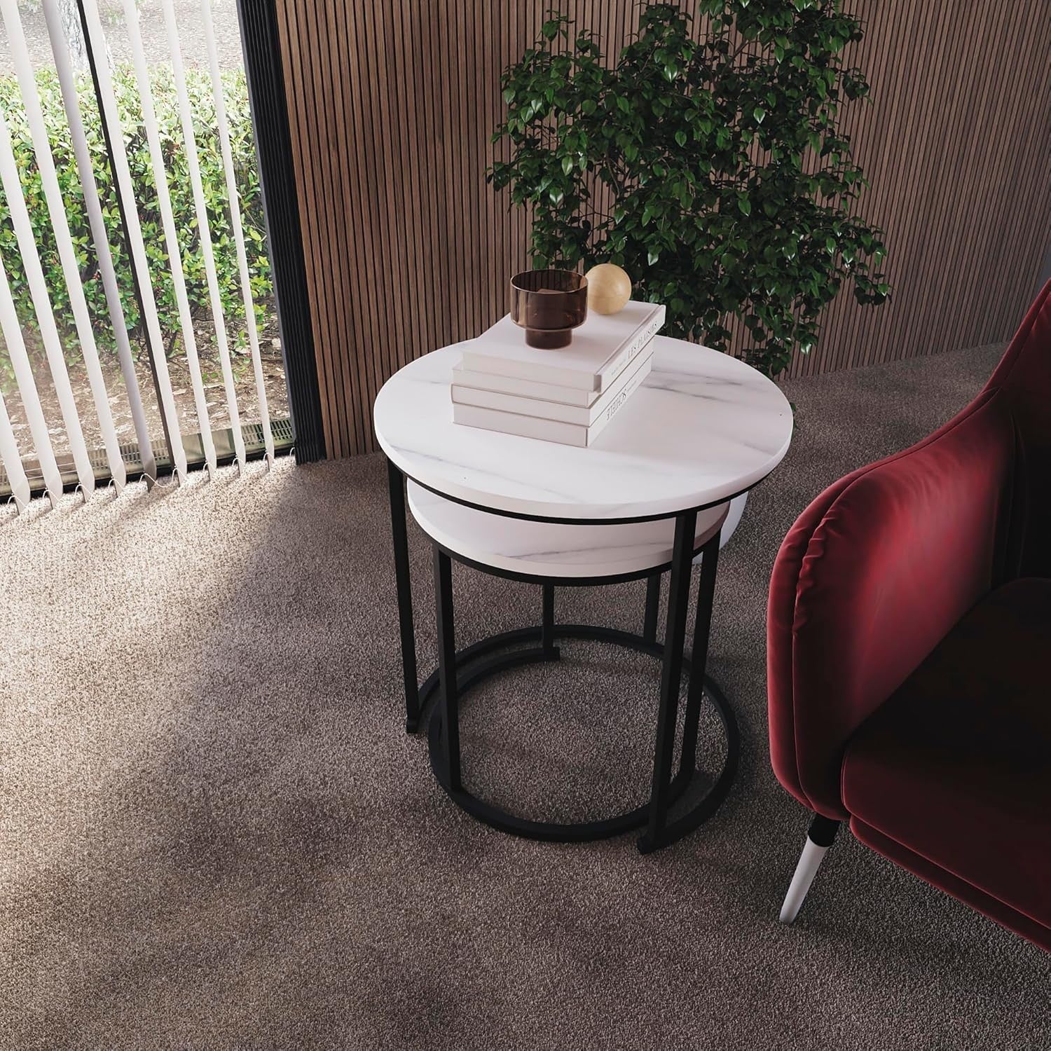 Nest of 2 Round Coffee Side Tables Marble Dark Wood Industrial Metal Frame