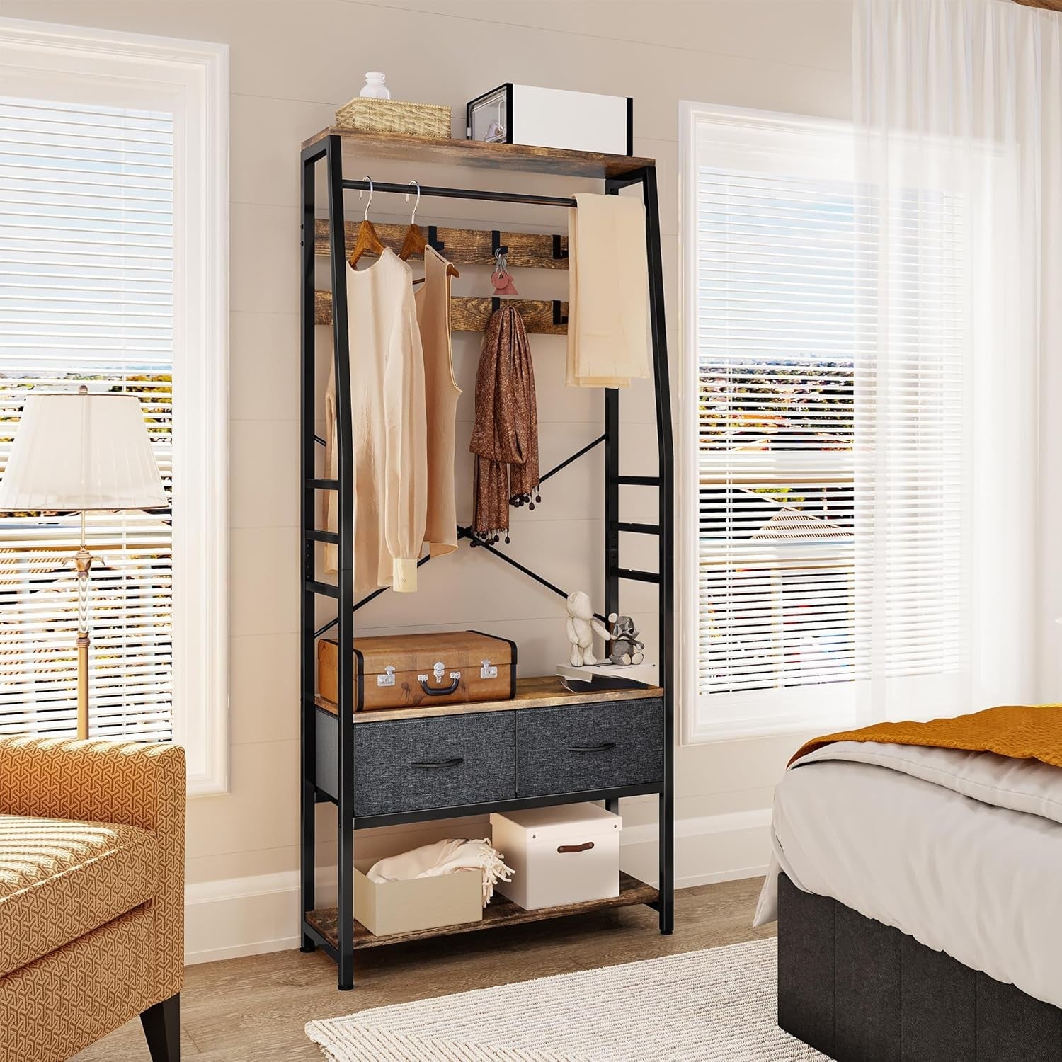 Rustic Brown Hall Tree Coat Rack | Bench with Shoe Storage & Drawers Organizer