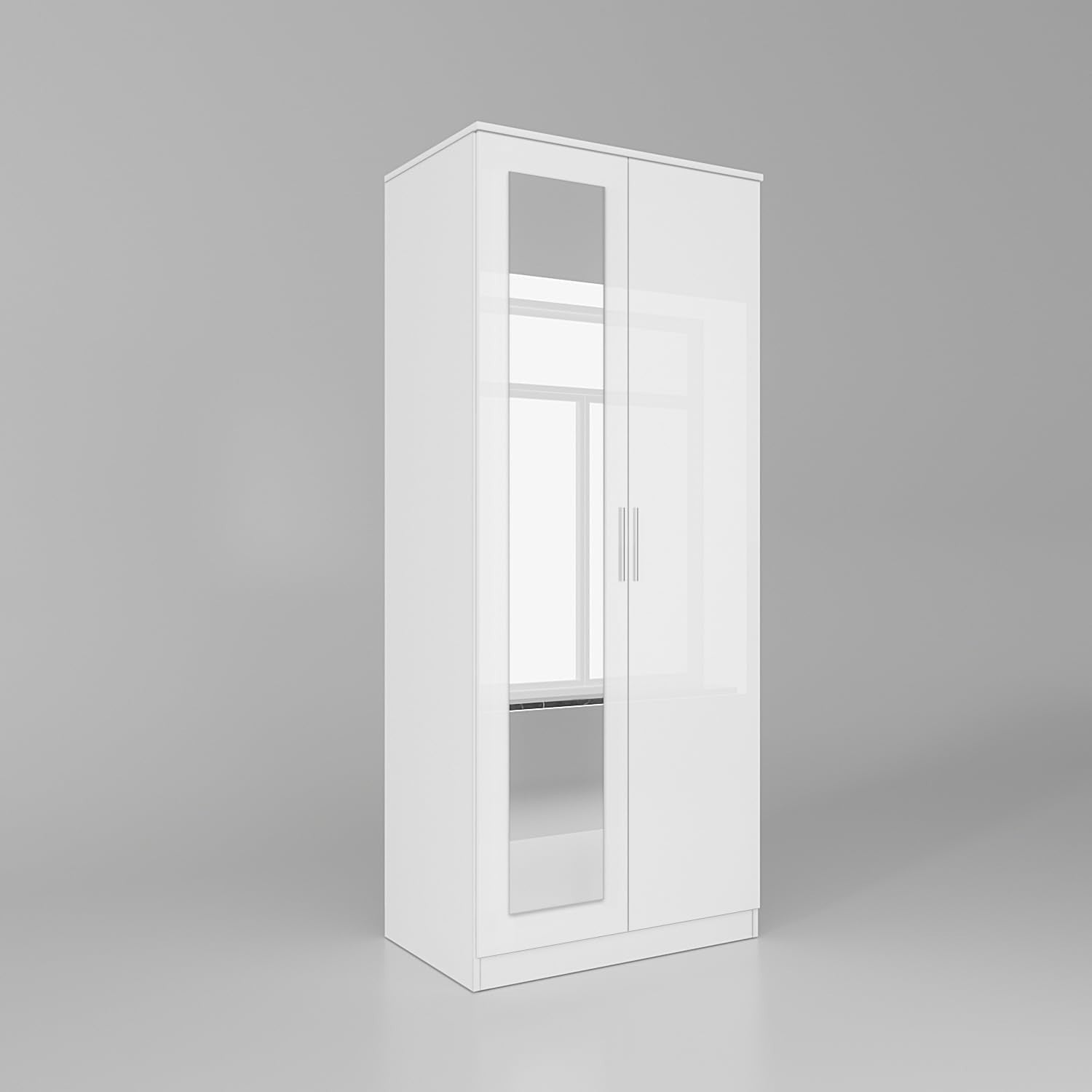 White Gloss 2 Door Wardrobe with Mirror Soft Close Shelves Modern