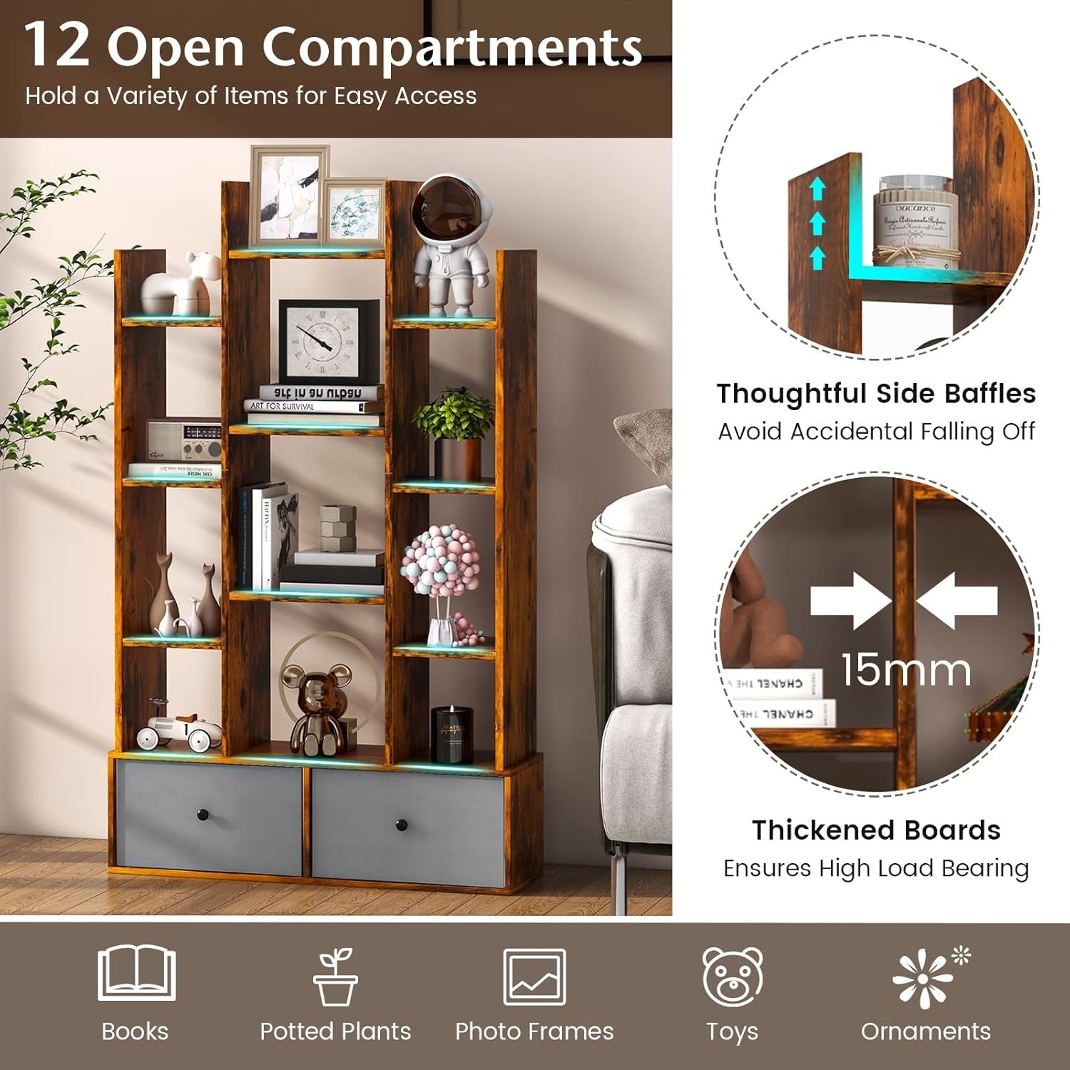 Rustic Brown Tree-Shaped Tall Bookcase 12 Cube Storage Shelf with 2 Drawers