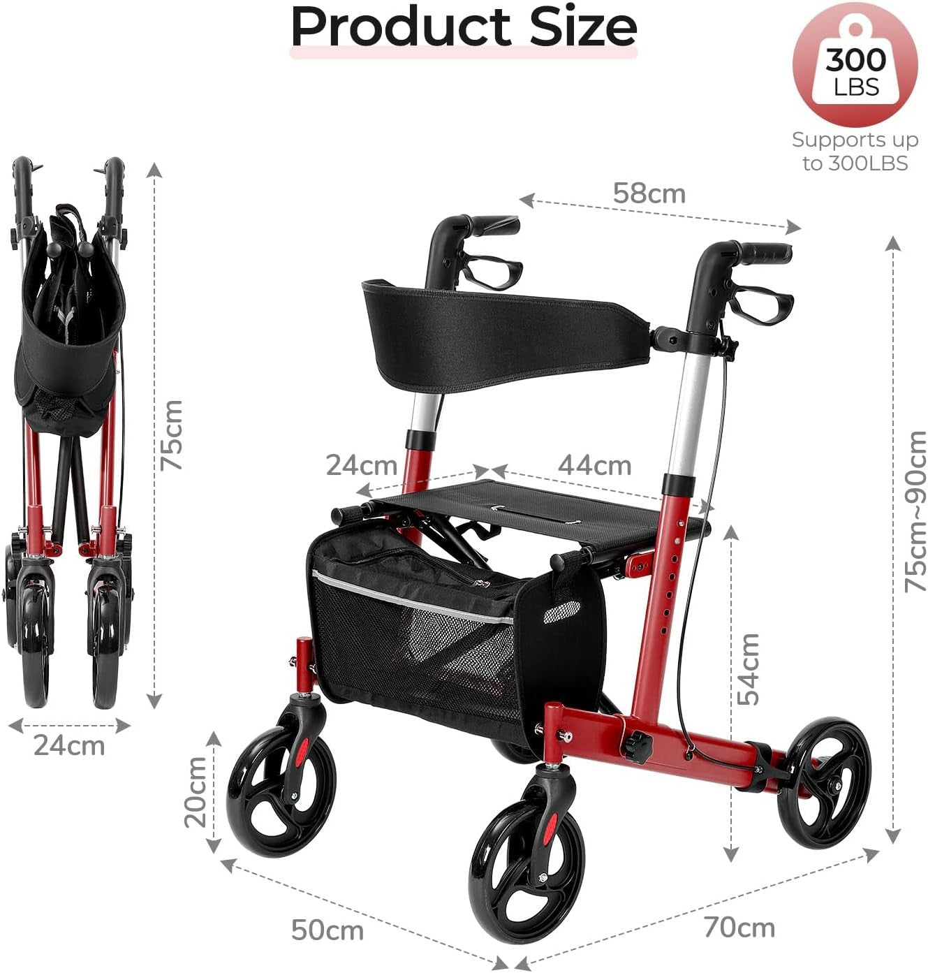 Lightweight Folding Rollator Walker 4 Wheel Seat Bag 300lb Red