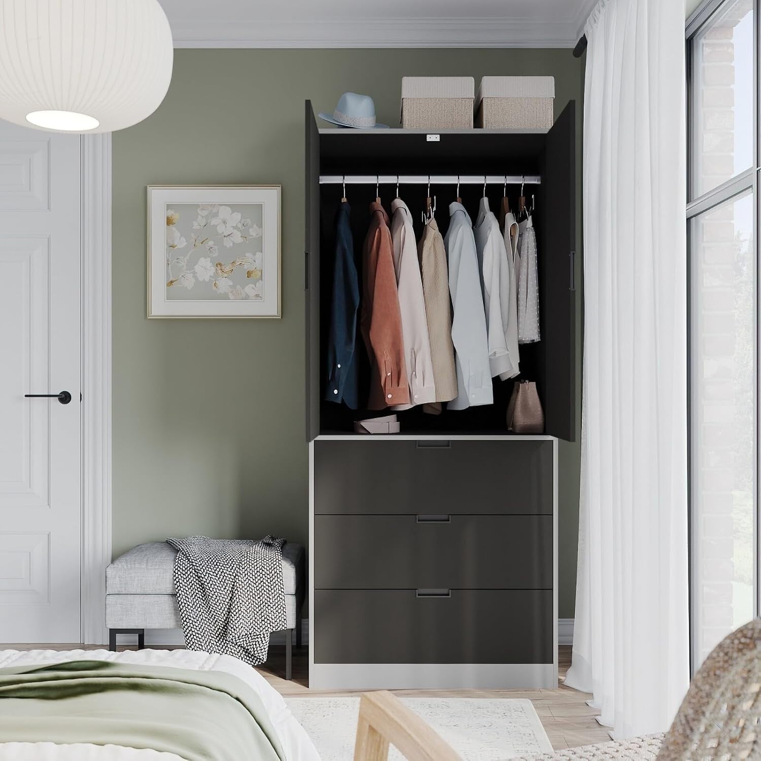 Tall Black 2 Door Wardrobe with Drawers & Rail Modern Bedroom Storage