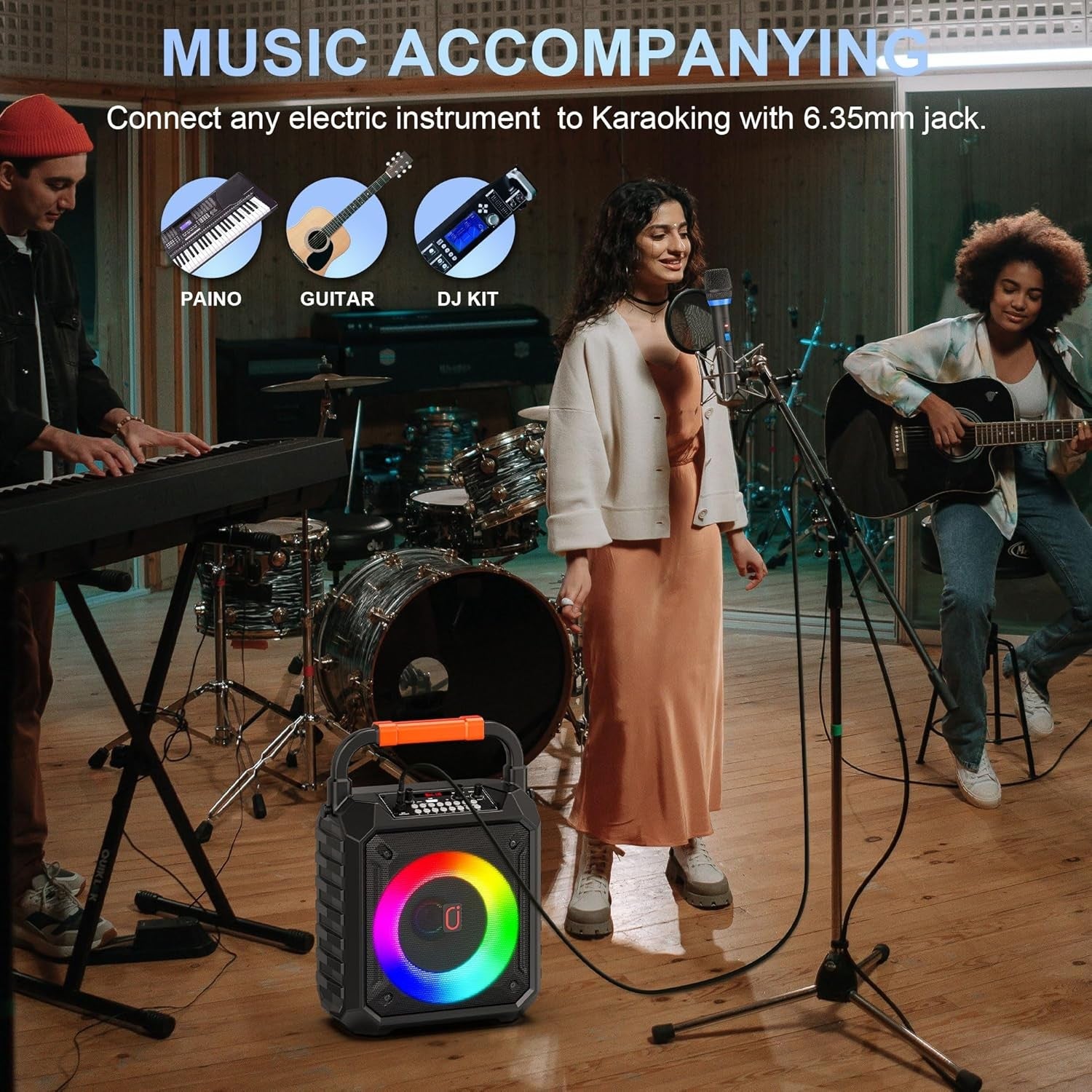 Karaoke Machine with 2 Wireless Mics Bluetooth DJ Lights Speaker