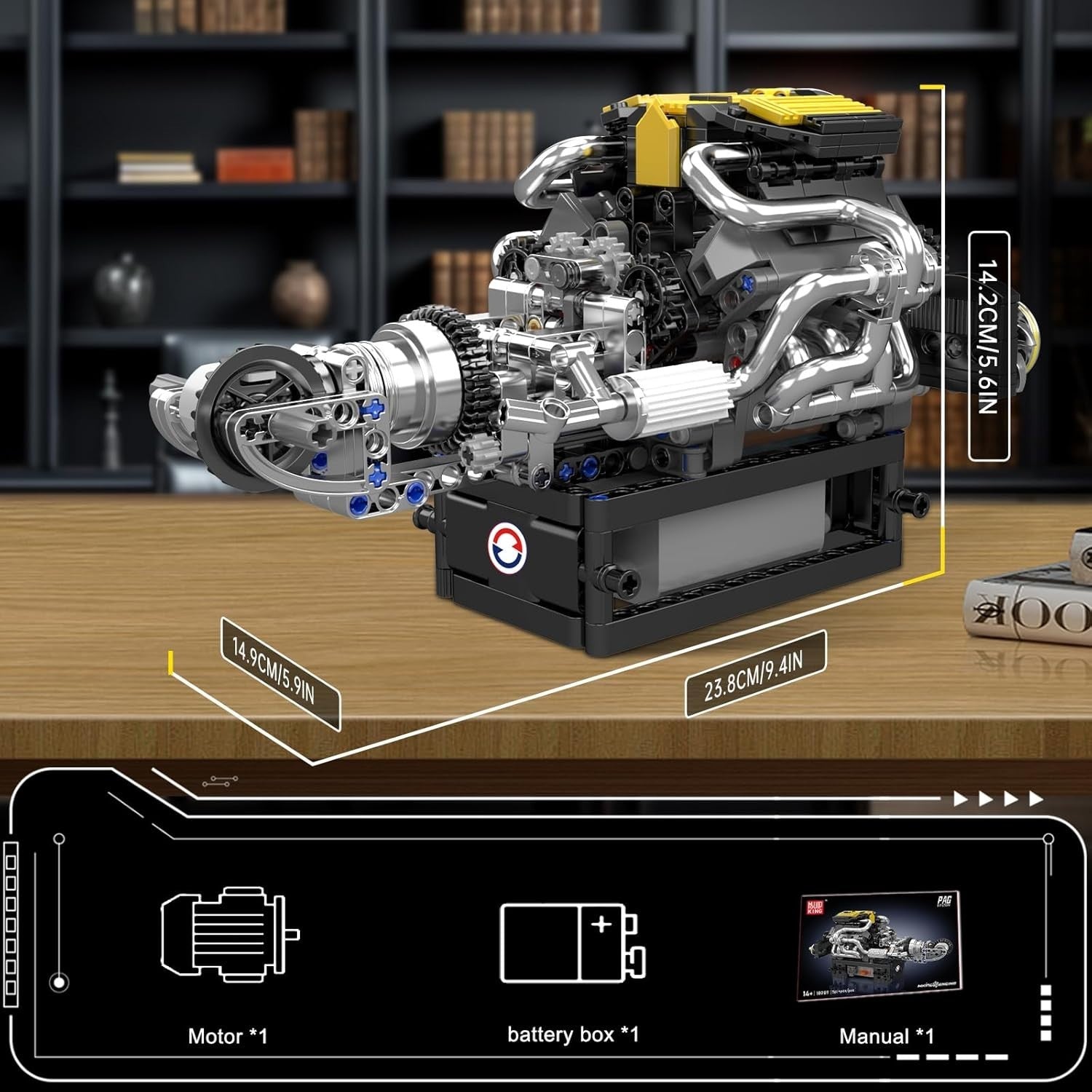 V8 Engine Model Kit Motorised STEM Toy 761pcs Runs with Battery & Motor
