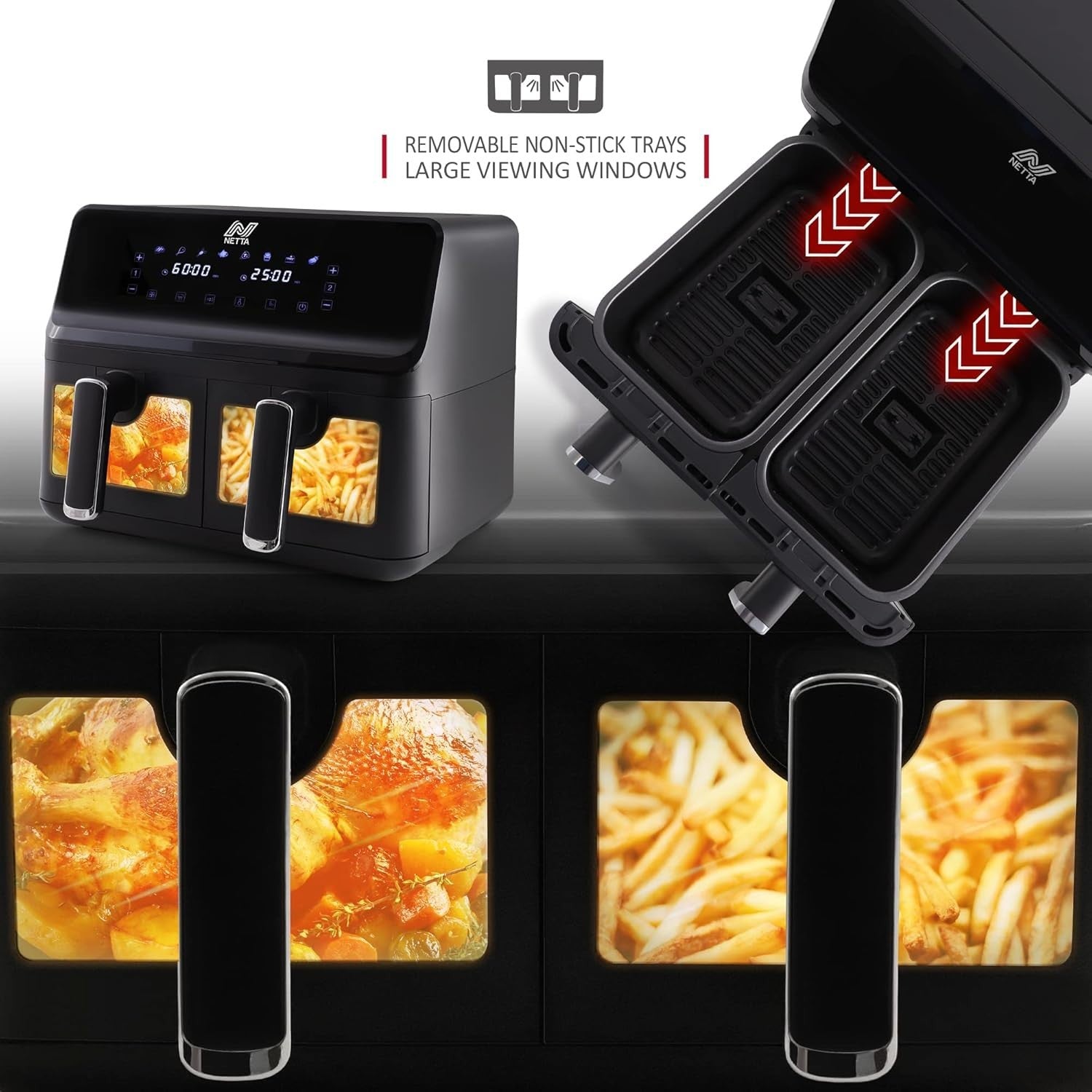 8L Dual Basket Air Fryer 2700W Digital Touch 8 Presets 60min Timer XL Black