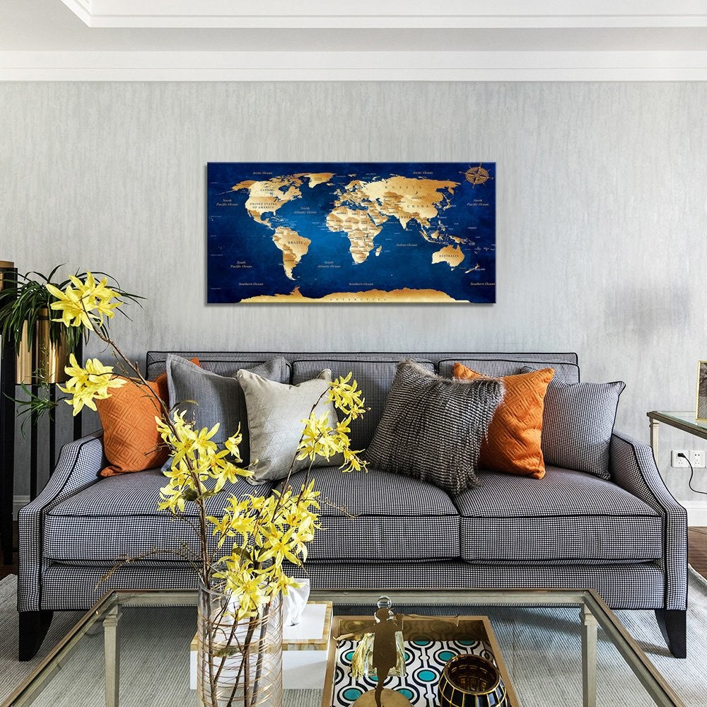World Map Canvas Wall Art 50x100cm Blue Framed Ready to Hang