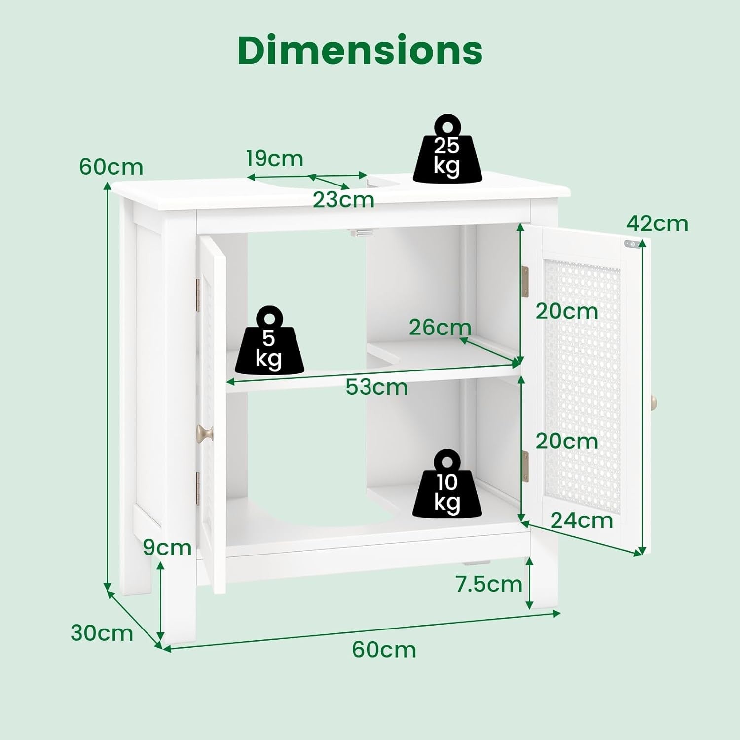 White Under Sink Bathroom Cabinet with Rattan Doors Storage Unit 60x30x60cm
